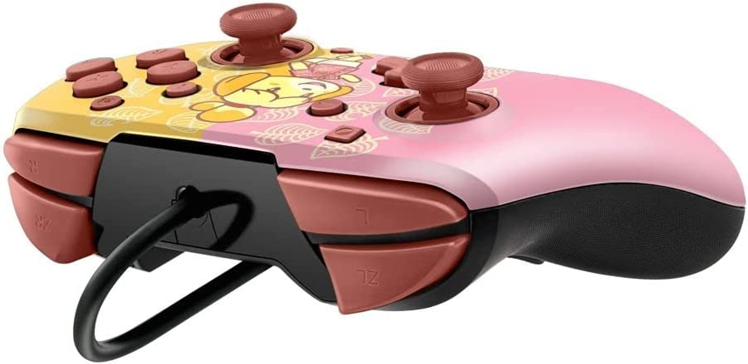 Kontroler Nintendo Switch z Isabelle, z boku, z dołączonym kablem.