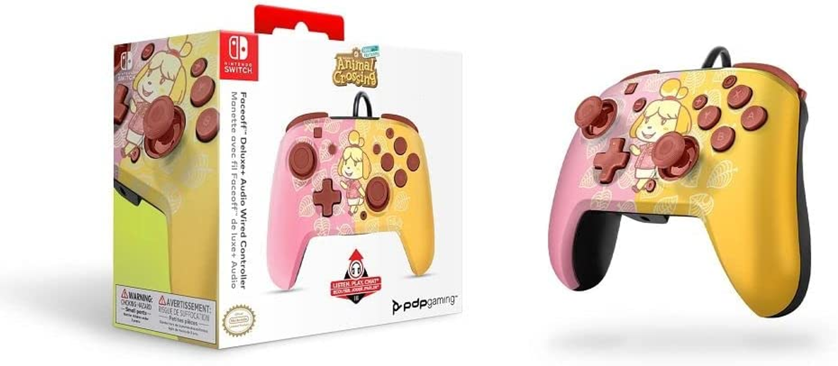 Zestaw kontrolerów Nintendo Switch z motywem Animal Crossing. Różowo-żółta kolorystyka, design Isabelle.