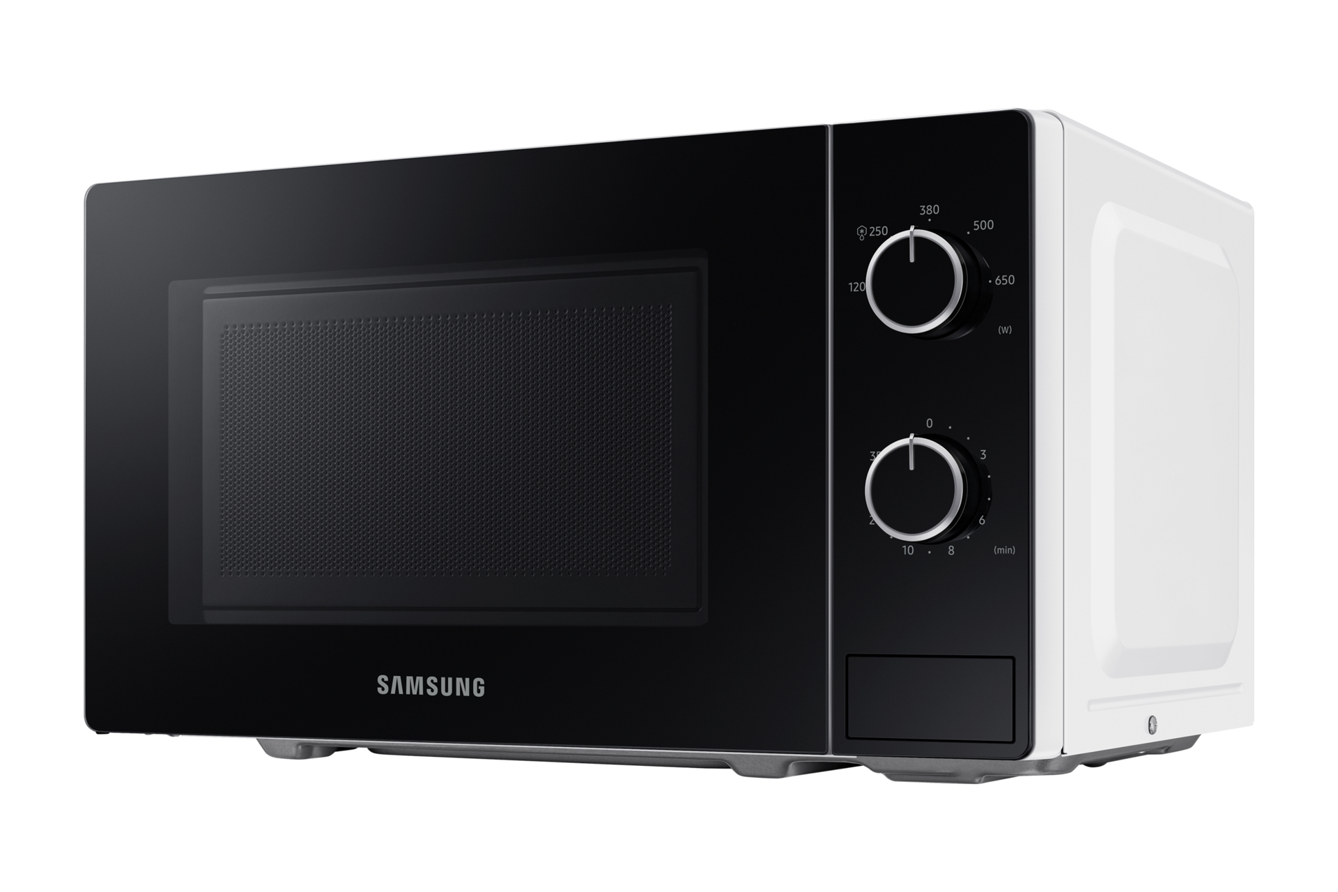 Microonde bianco con porta e pannello di controllo neri. Logo SAMSUNG visibile, vista laterale.