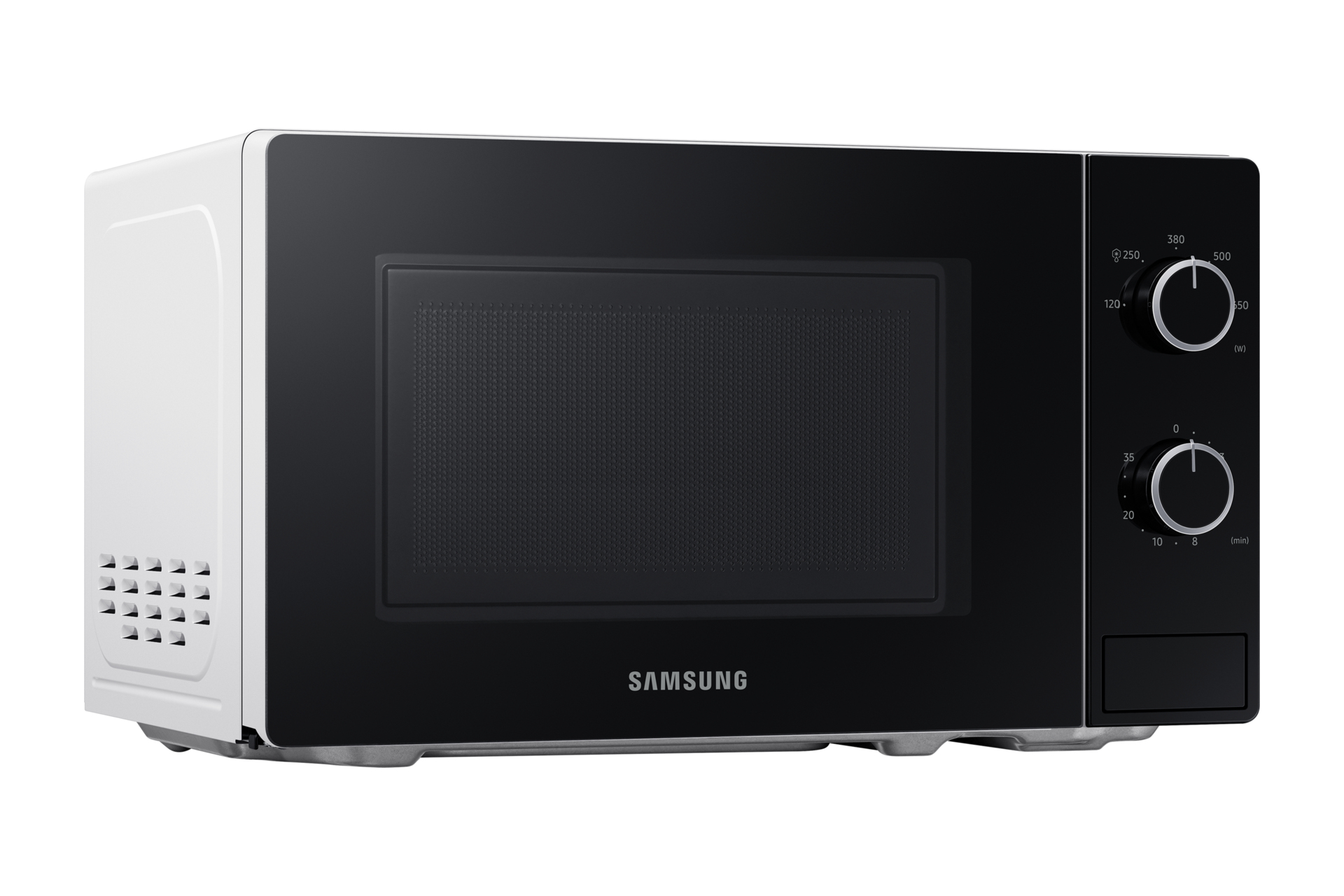 Forno a microonde Samsung bianco e nero con pannello di controllo e porta.