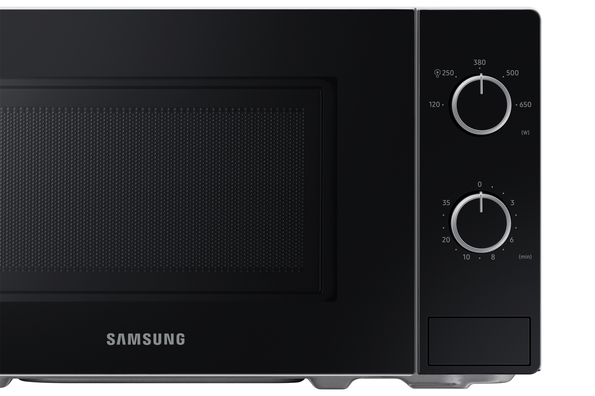 Primo piano del pannello di controllo del forno a microonde Samsung nero.
