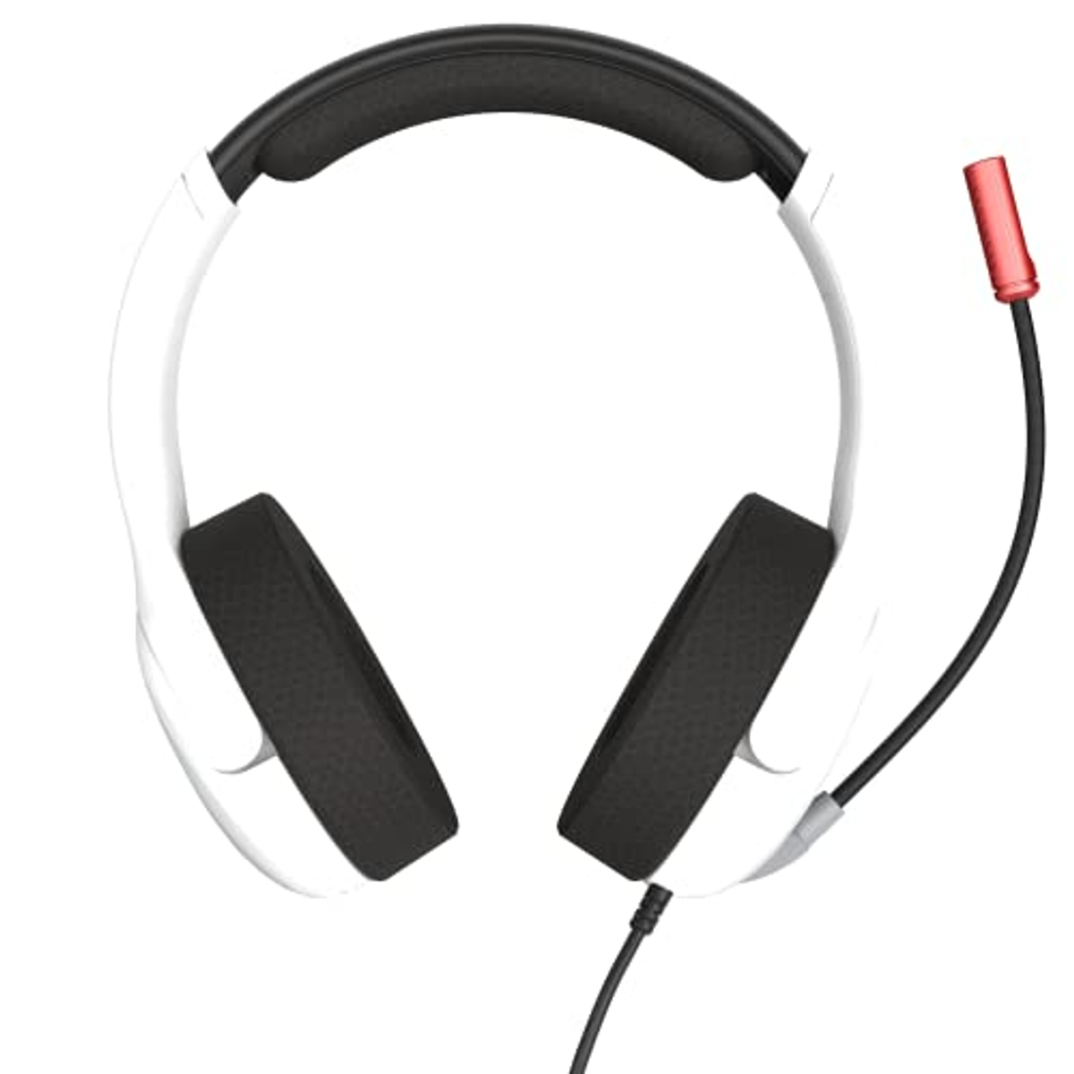 Biały zestaw słuchawkowy z czarnymi nausznikami i czarnym mikrofonem. Czerwona końcówka mikrofonu.