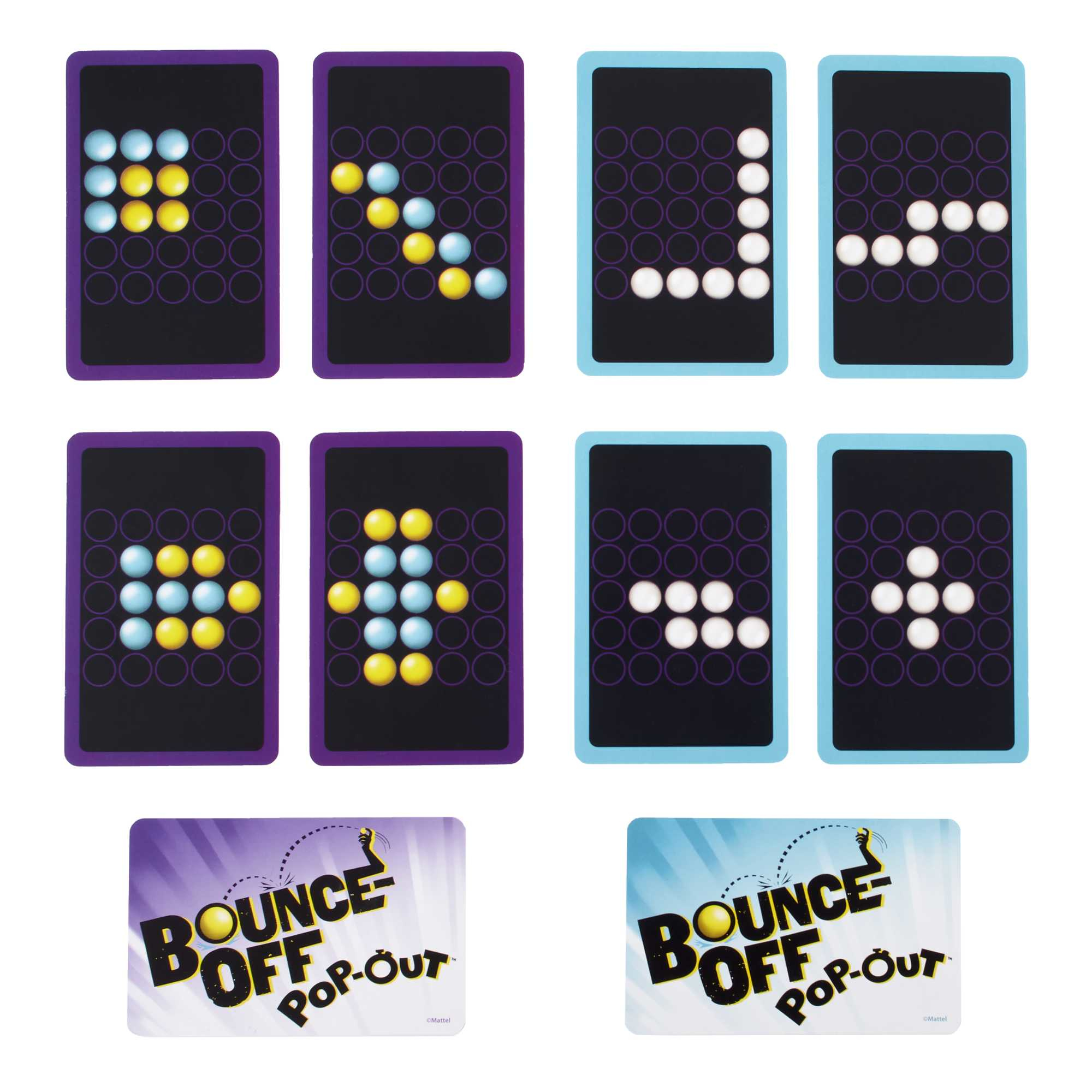 Cartas del juego Bounce Off Pop Out, con bolas de colores e instrucciones del juego.