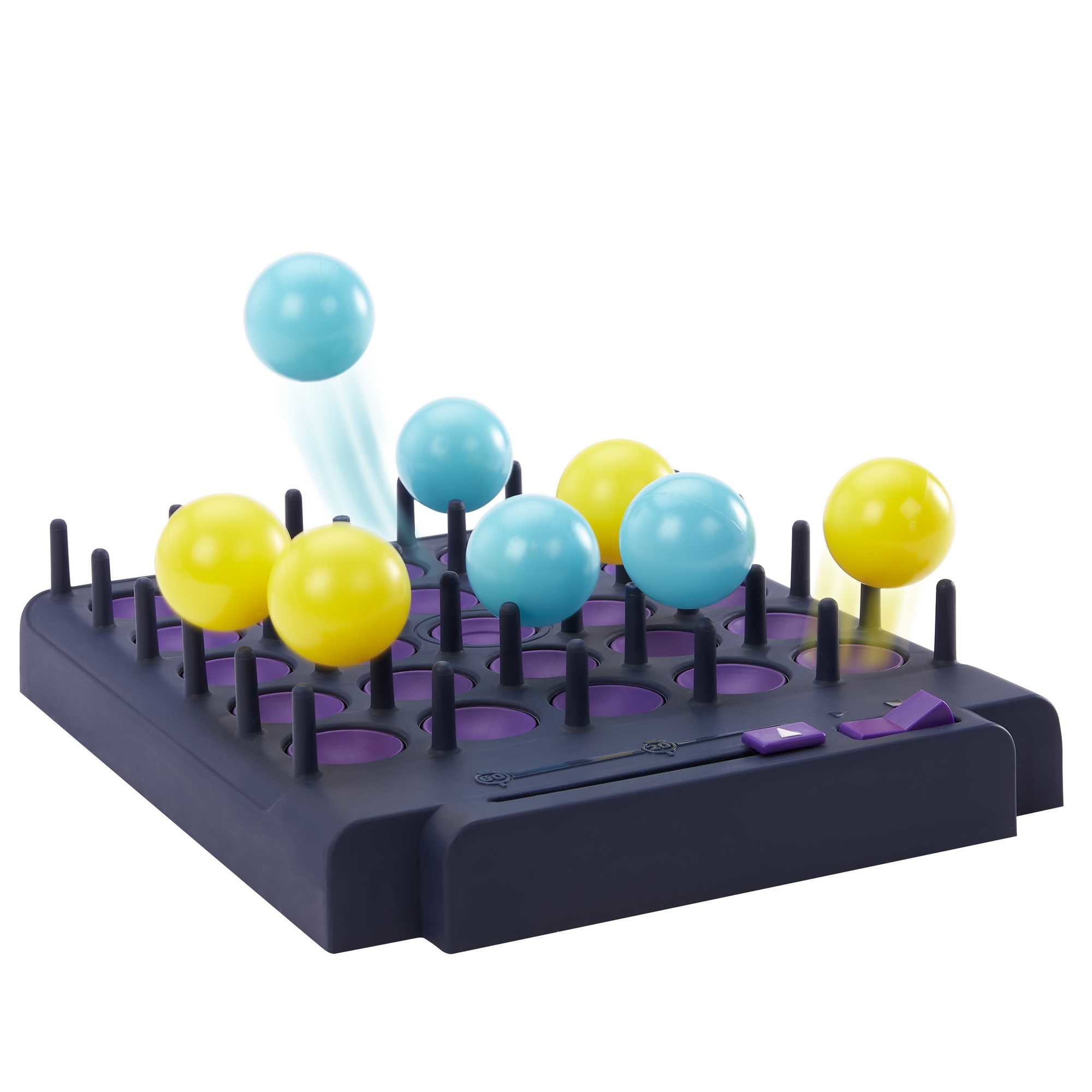 Tablero de juego con bolas. Algunas amarillas, otras azules. Una bola en el aire.