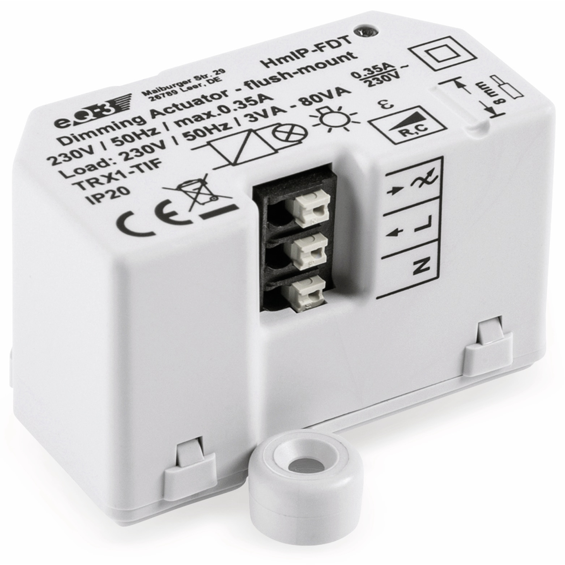 Siłownik ściemniacza. Białe pudełko z zaciskami i okrągłym białym elementem przymocowanym na dole.