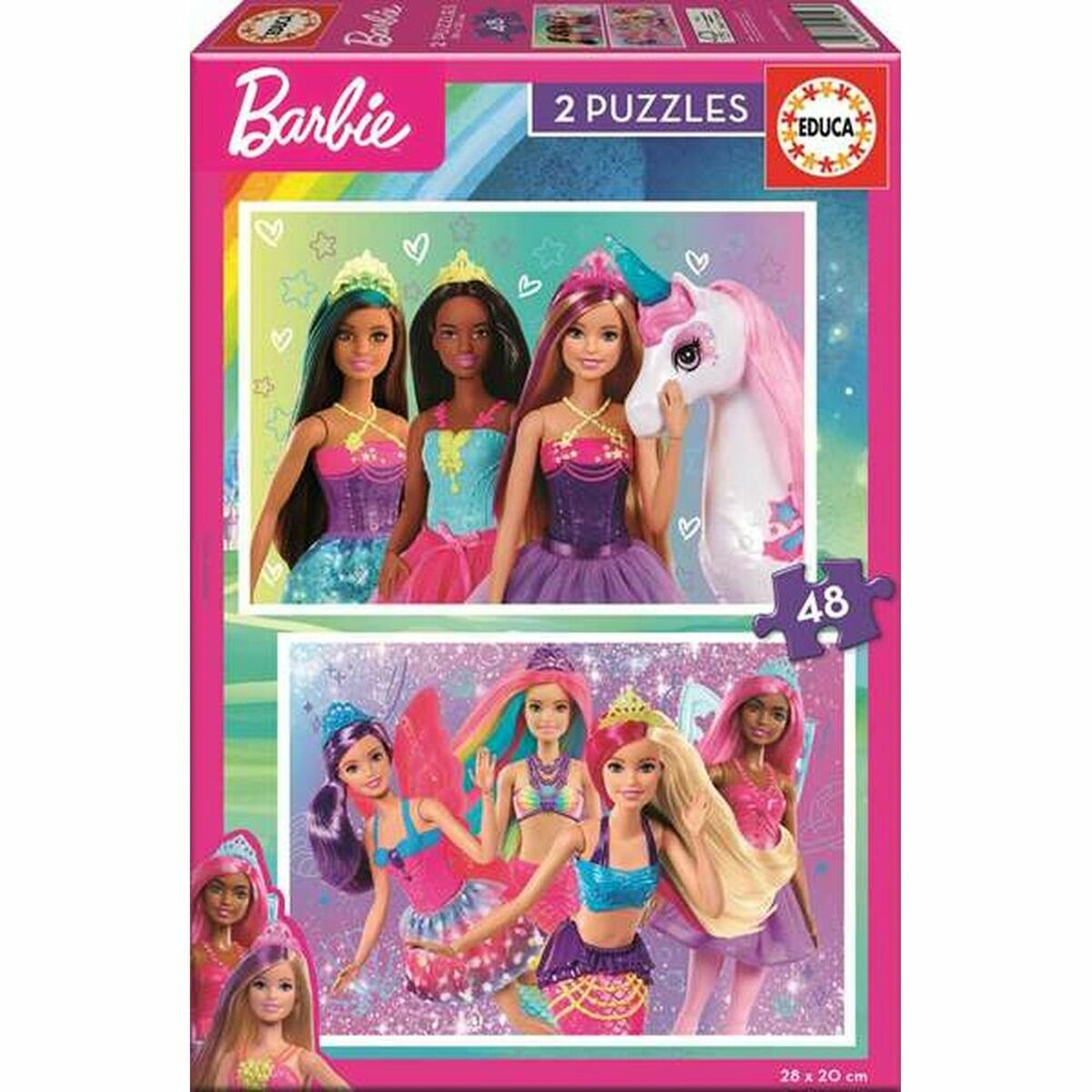 Pudełko z puzzlami Barbie. Zawiera lalki Barbie i jednorożca. 2 puzzle w środku.