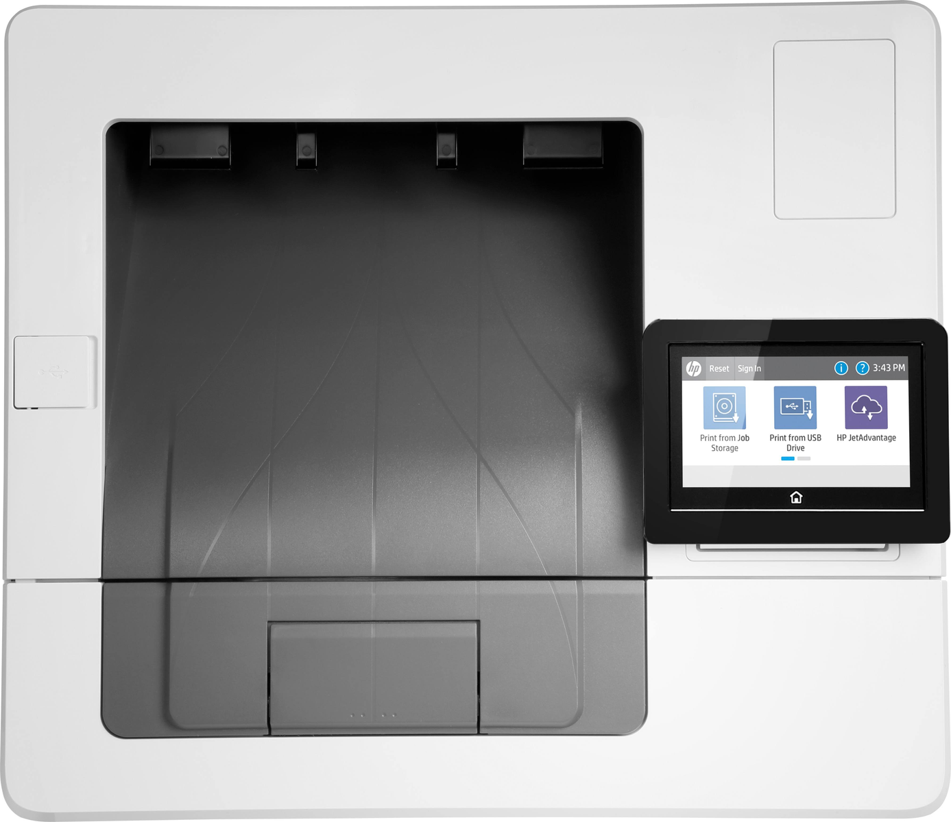 Weiß-grauer Drucker mit Touchscreen-Display, zeigt verschiedene Druckoptionen.