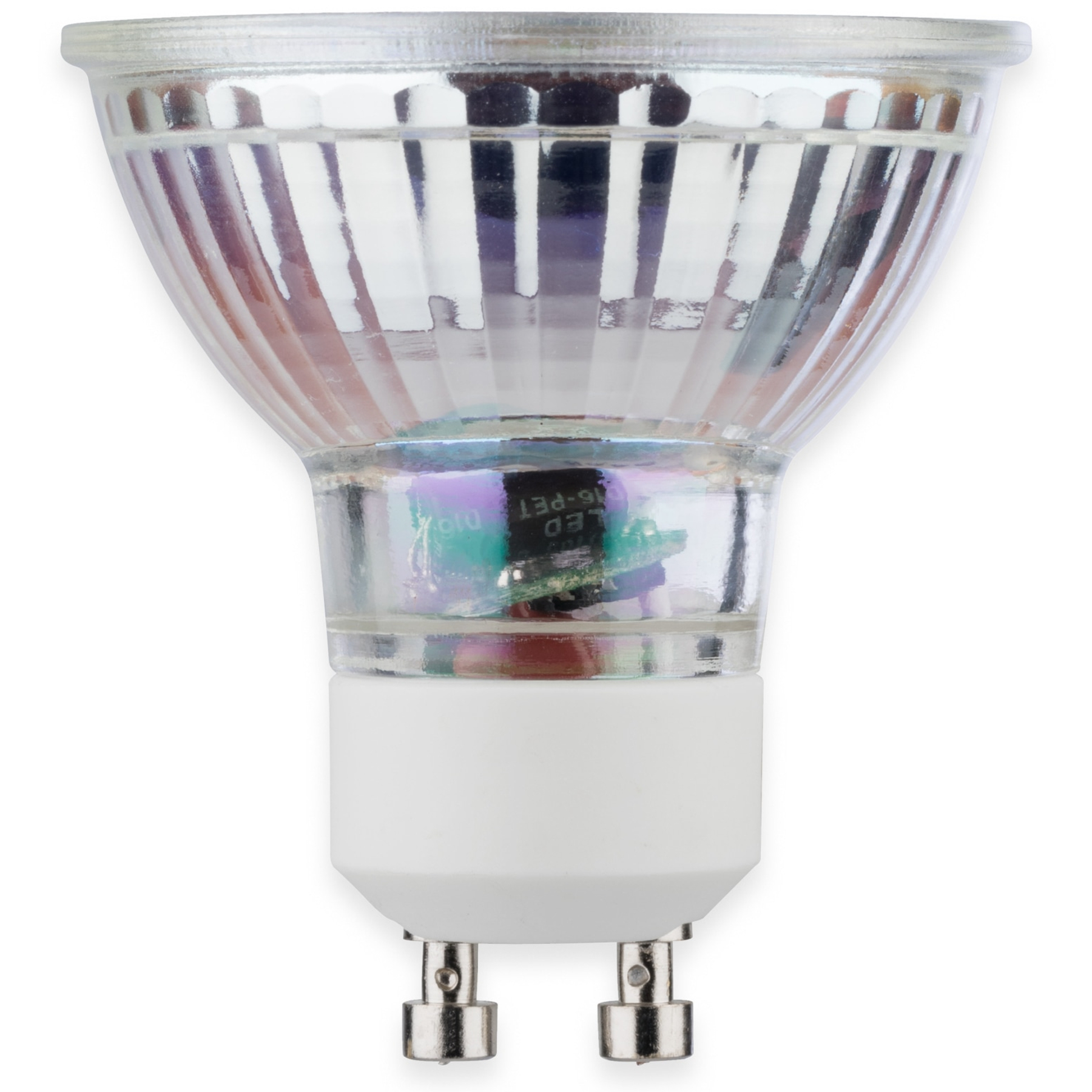 Lampadina LED. Vetro trasparente con componenti interni e due perni metallici.