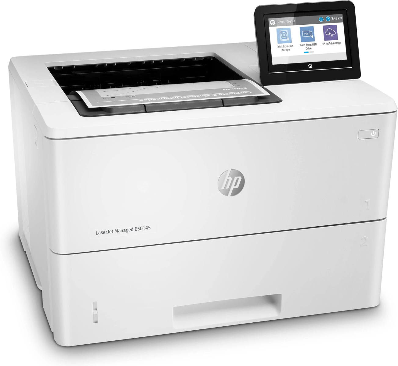 Weißer HP LaserJet-Drucker mit Bildschirm und Druckoptionen.