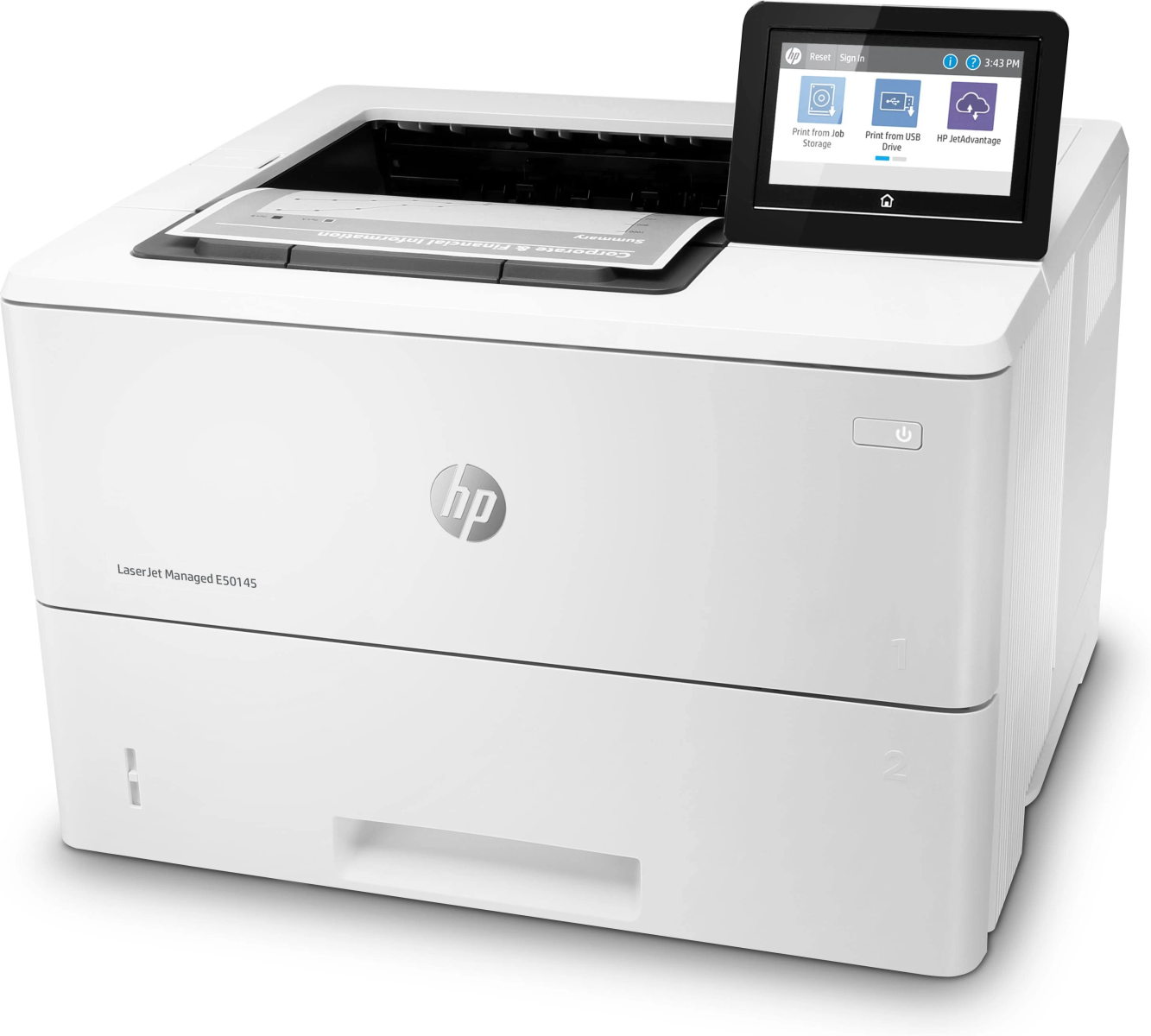 Weißer HP LaserJet-Drucker mit Bildschirm und Druckoptionen.