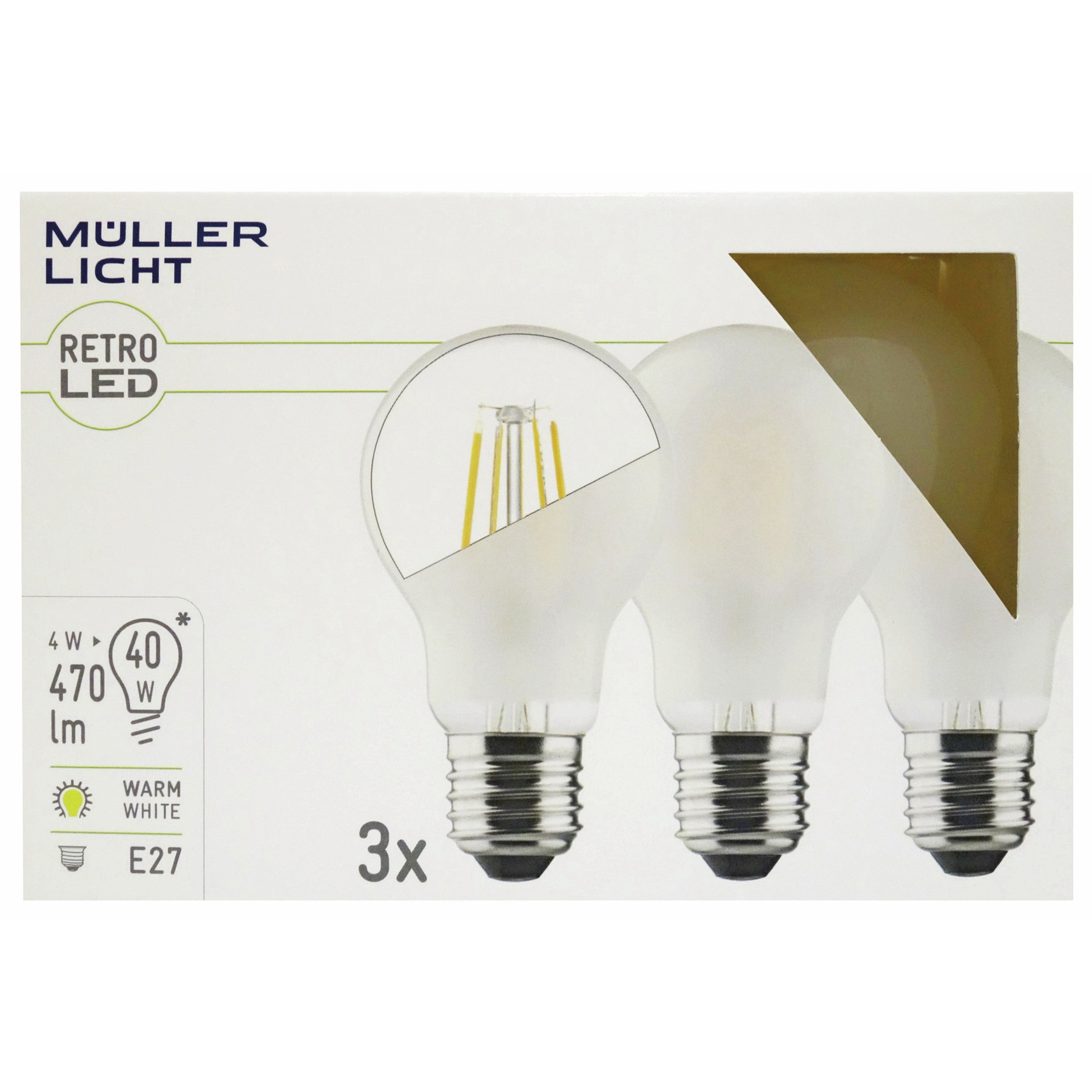 Una confezione di tre lampadine LED smerigliate con filamento visibile, su uno sfondo bianco.