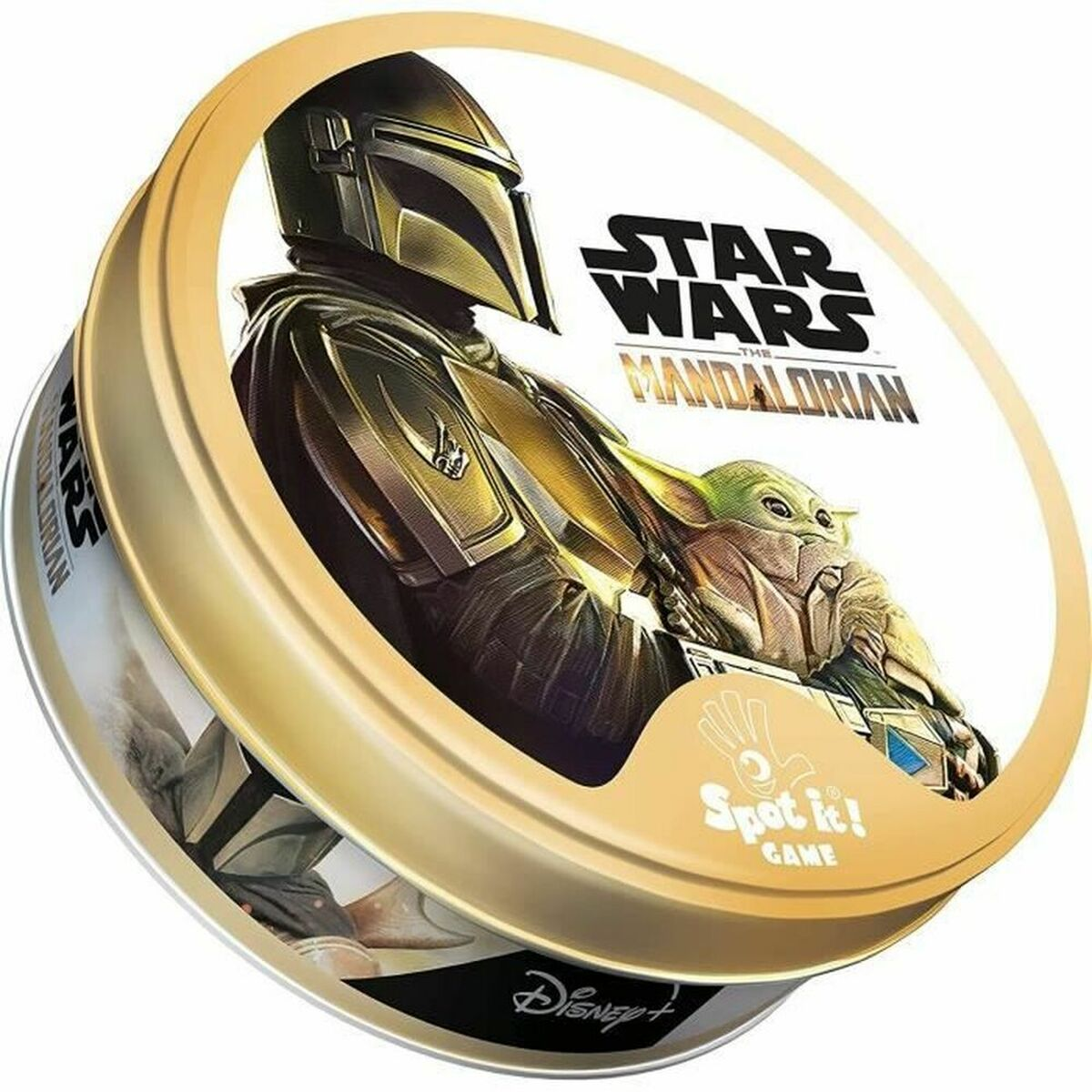 Gra Star Wars Spot It! w okrągłym pudełku, z The Mandalorian i Grogu.