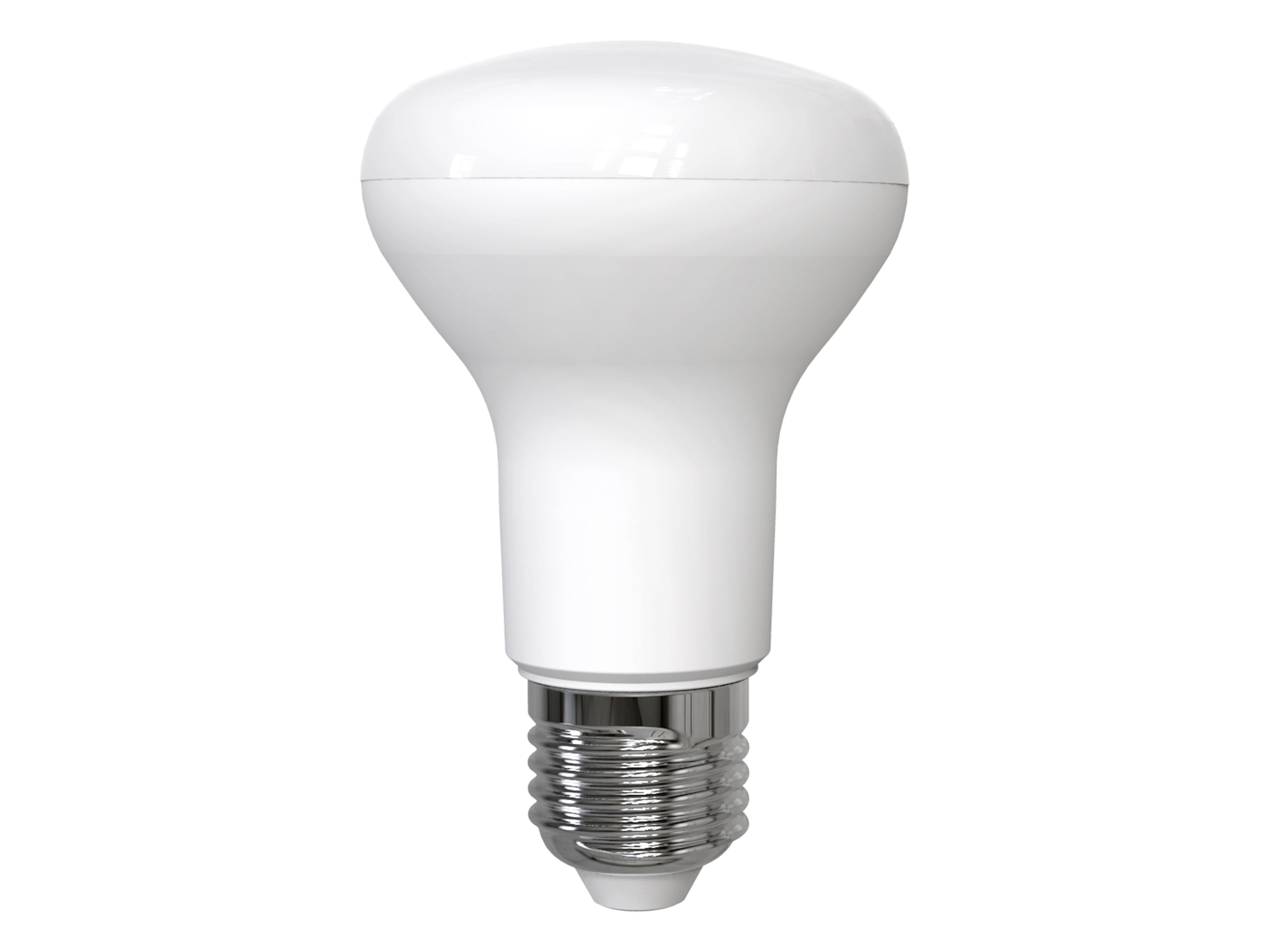Lampadina bianca con parte superiore ampia e arrotondata e base argentata, su sfondo bianco.