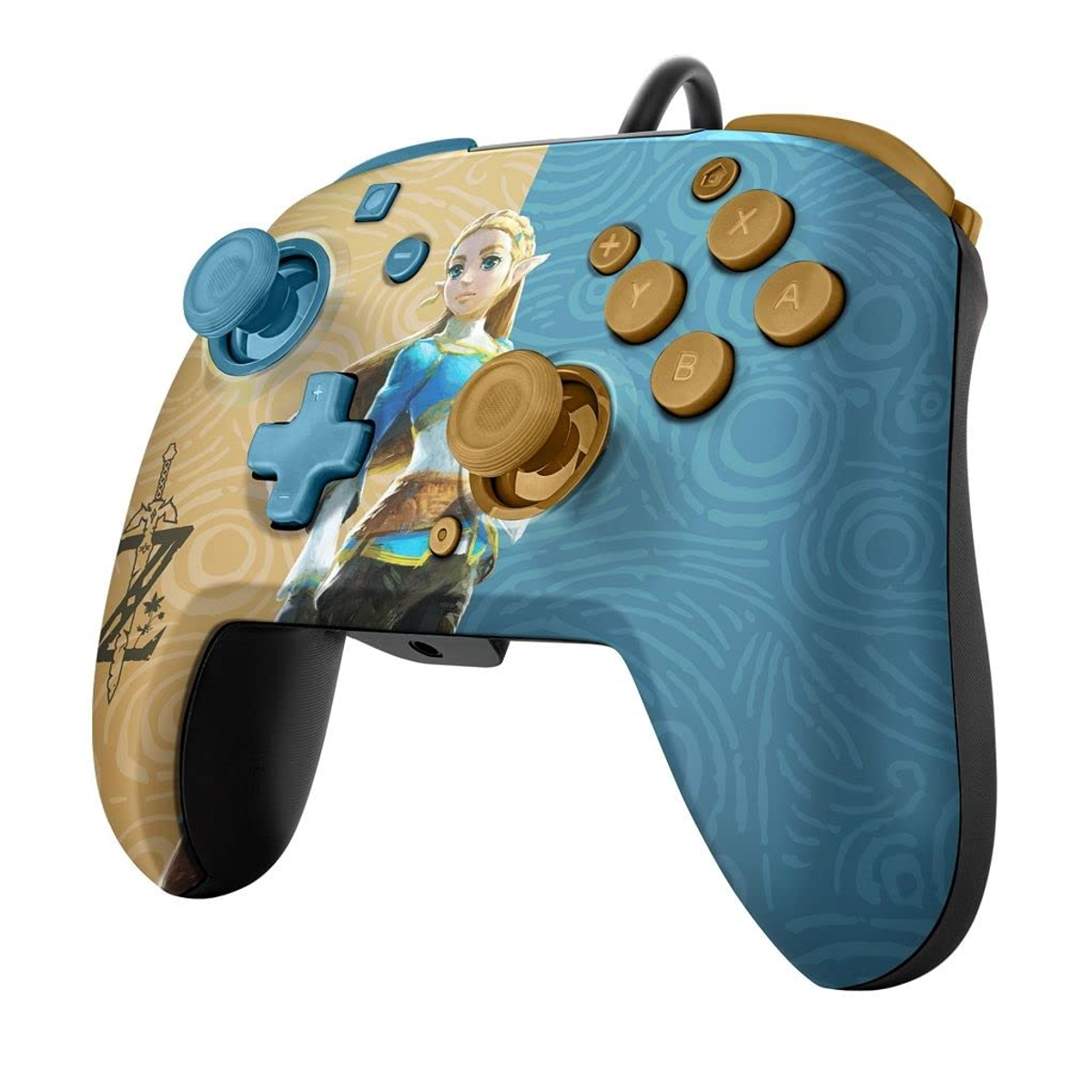Niebiesko-złoty kontroler Nintendo Switch z motywem Zelda.