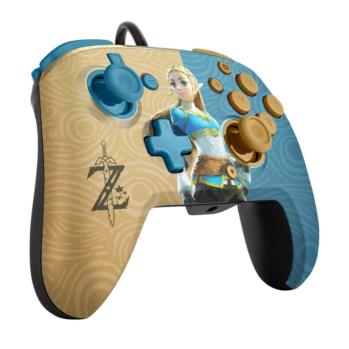 Kontroler do gier wideo z motywem Zeldy, przedstawiający postać Zeldy i Triforce.