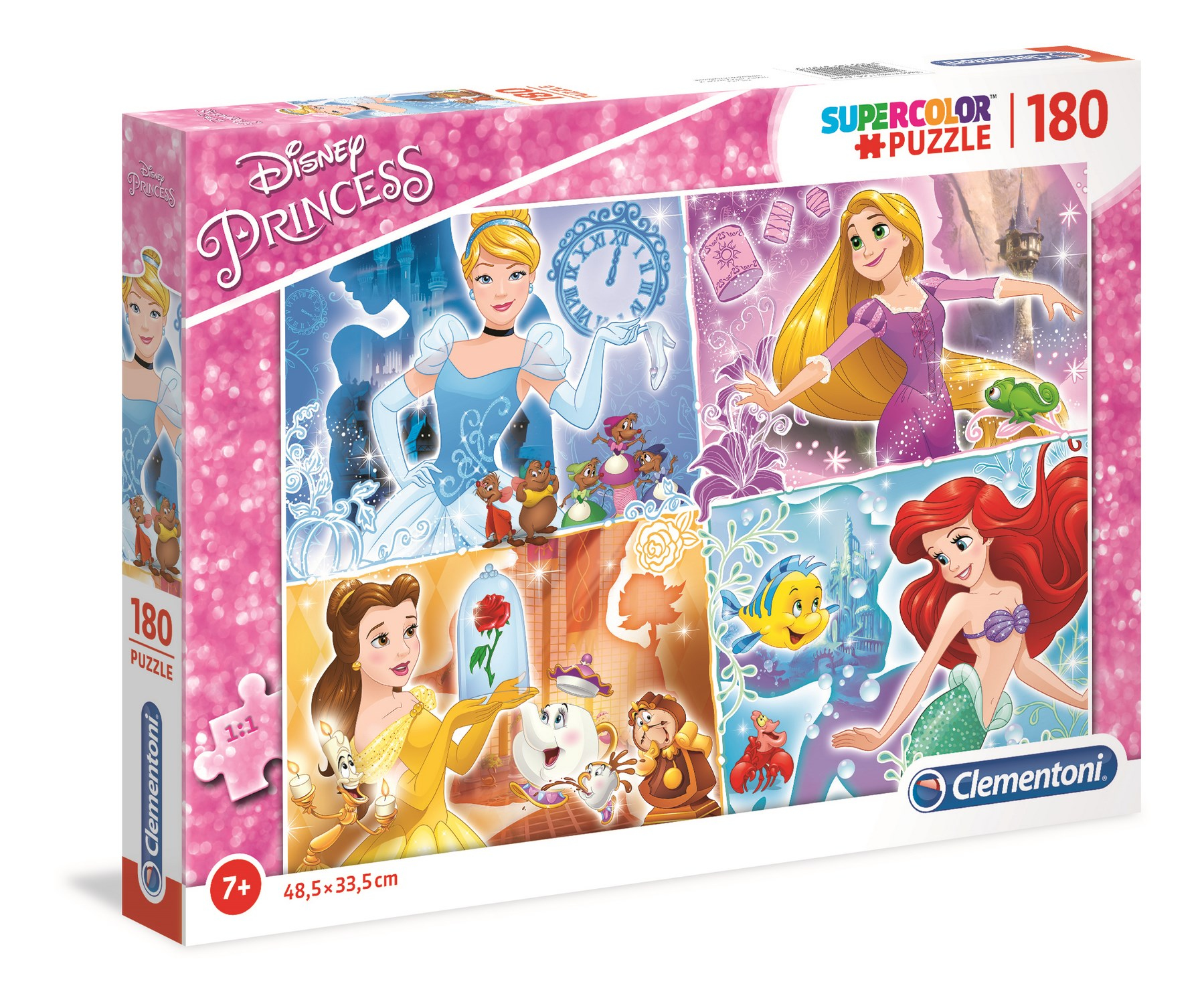 Pudełko puzzli Disney Princess 180 elementów, z obrazkami księżniczek.