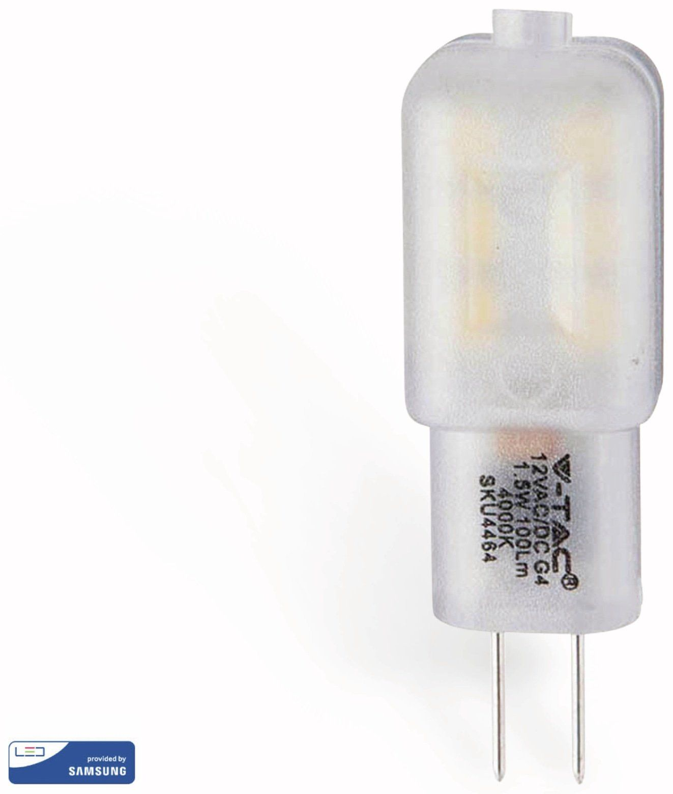 Una piccola lampadina LED V-TAC G4 con due pin.
