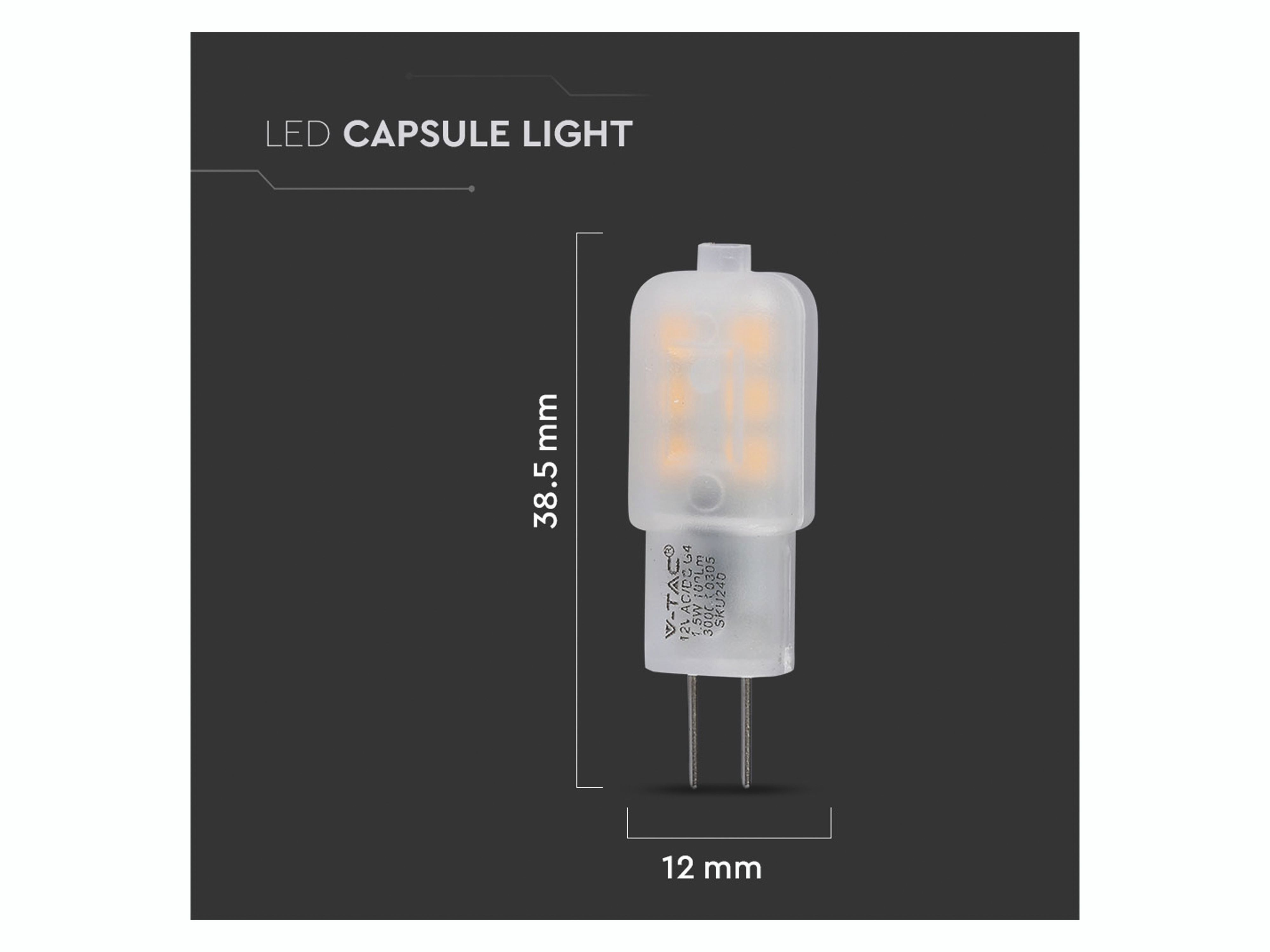 Una lampadina LED a capsula con dimensioni espresse in millimetri.