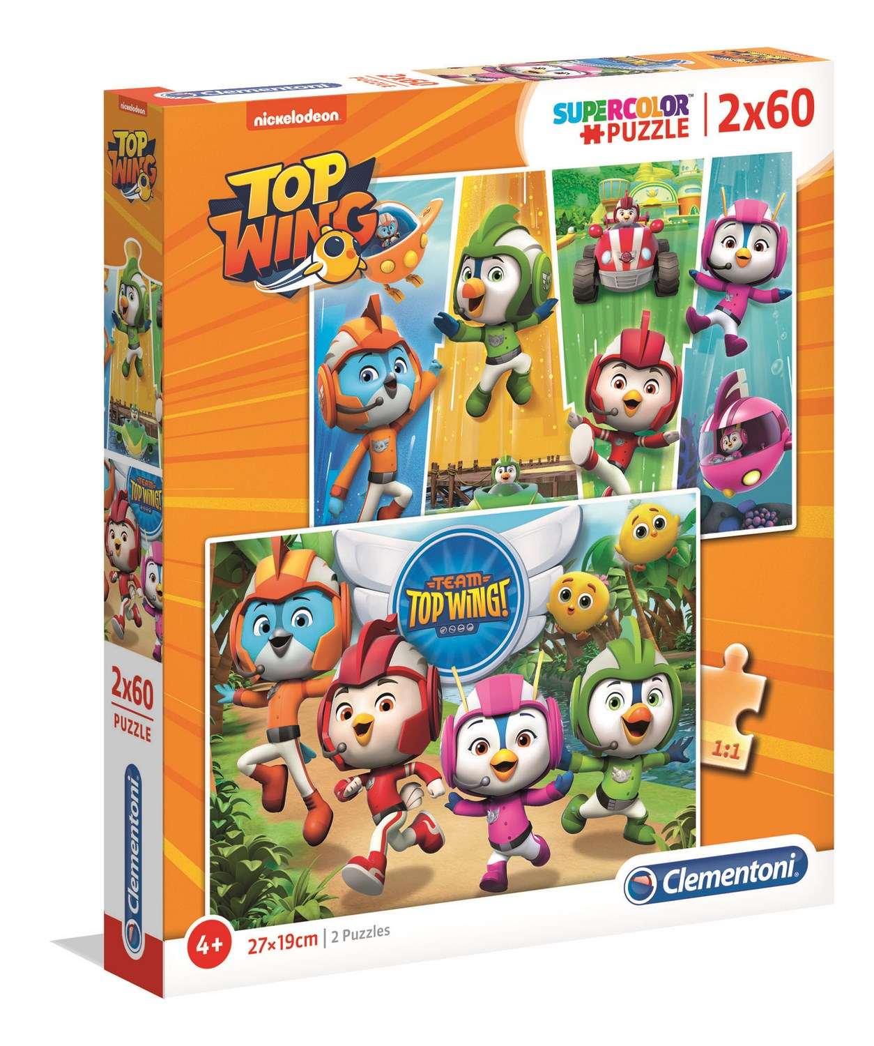 Pudełko z puzzlami Top Wing. Pudełko przedstawia postacie z kreskówek. Tło jest pomarańczowe.