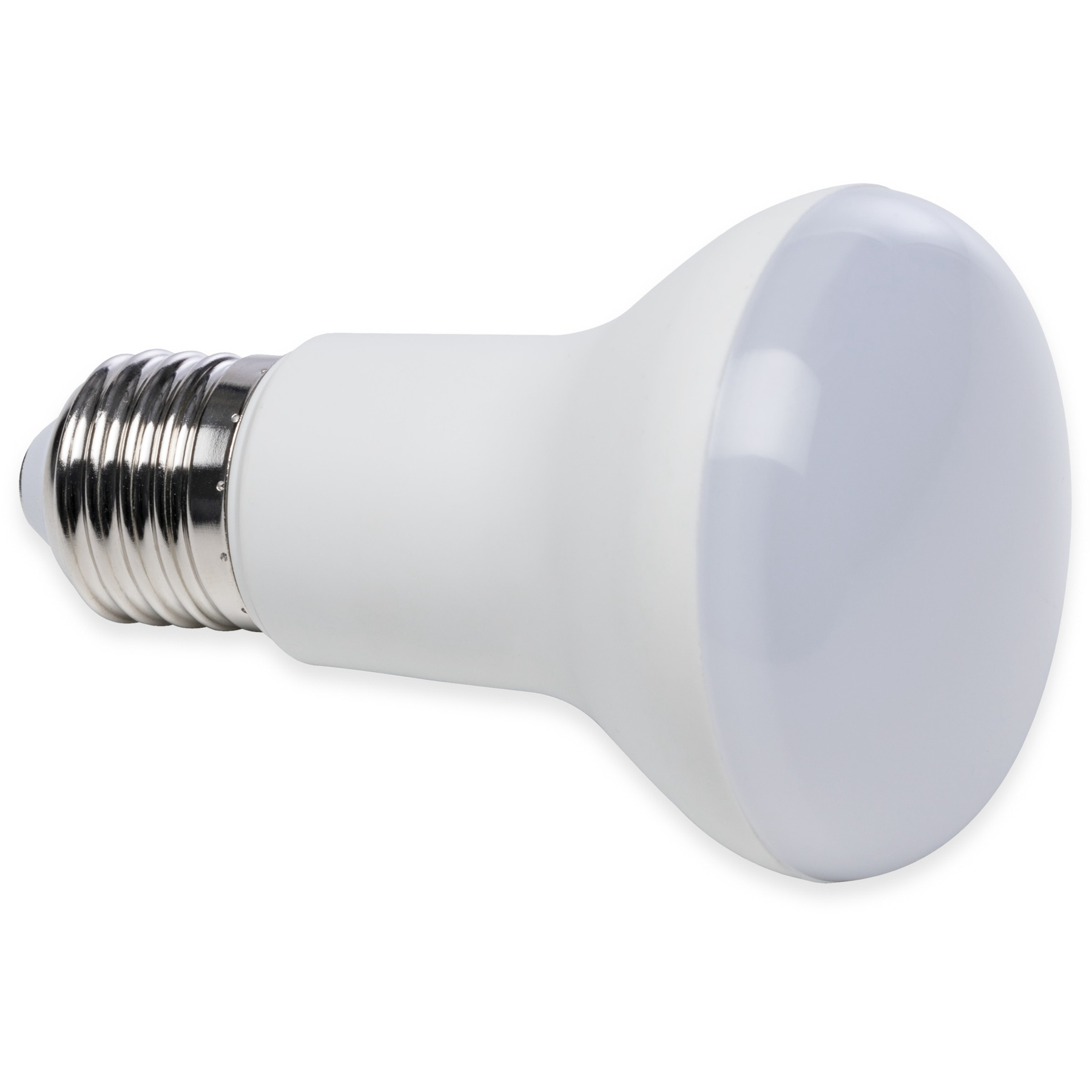 Biała żarówka o zaokrąglonym kształcie i metalowej podstawie śrubowej.