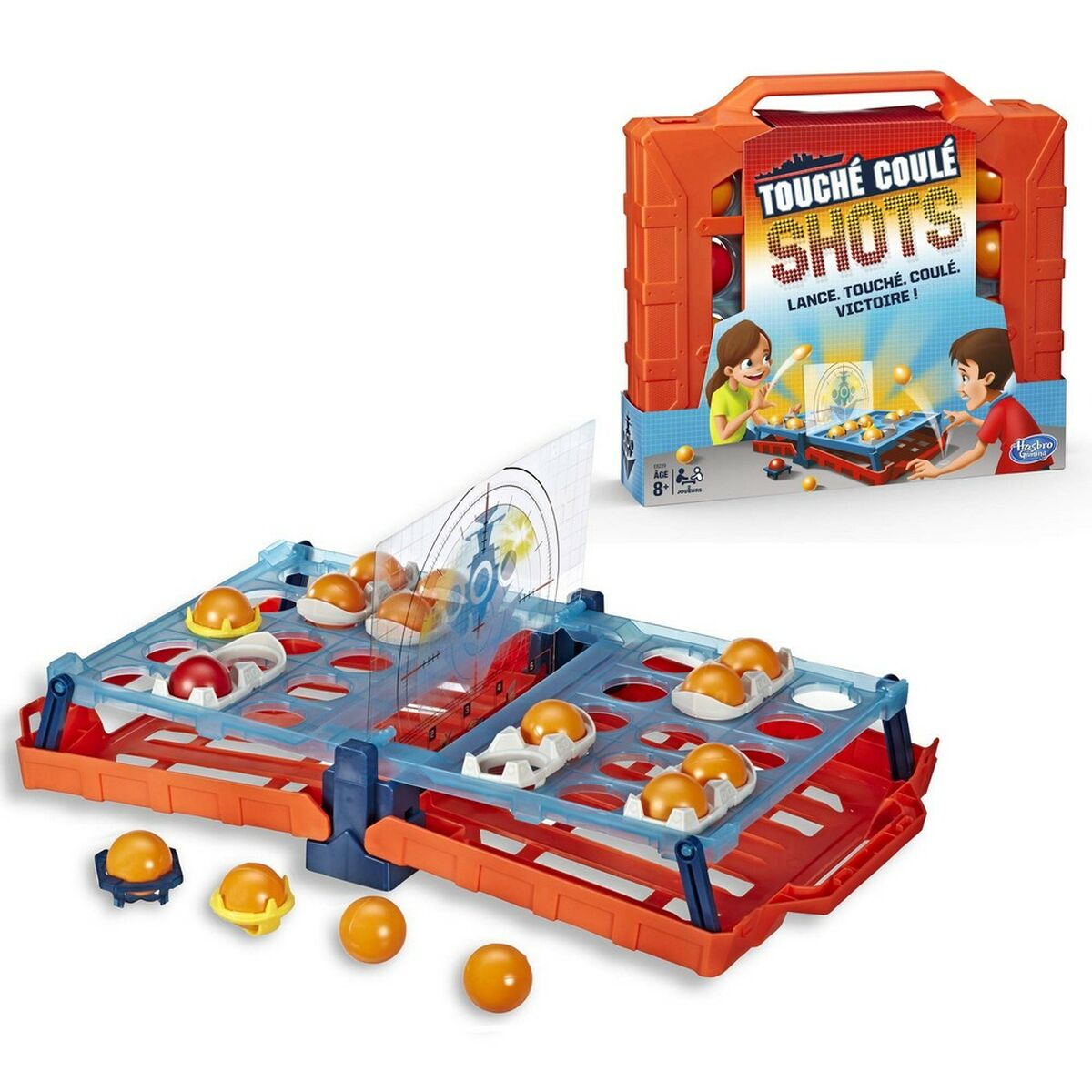 Gra planszowa z pomarańczowymi kulkami i tarczą. Pudełko z tytułem gry. Pomarańczowa walizka.