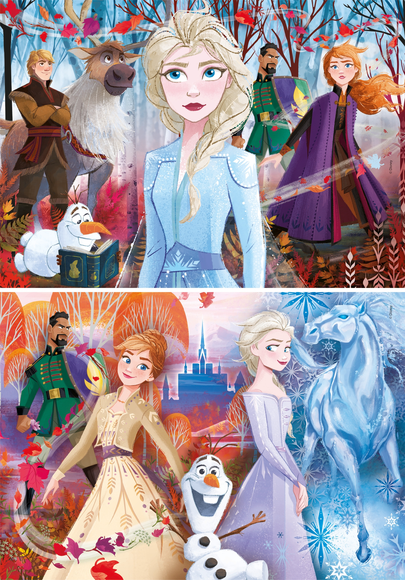 Due immagini dei personaggi di Frozen. Elsa e Anna sono al centro dell'attenzione con altri personaggi.