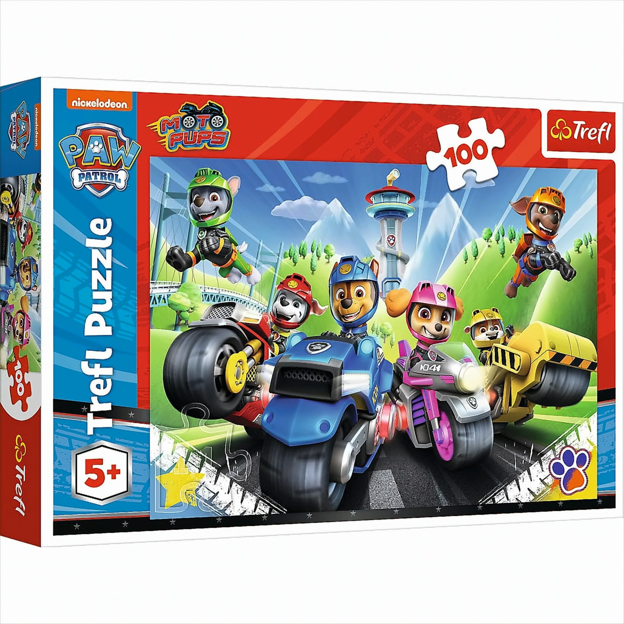 Une boîte de puzzle Paw Patrol. Montre les personnages sur des motos dans un paysage urbain.