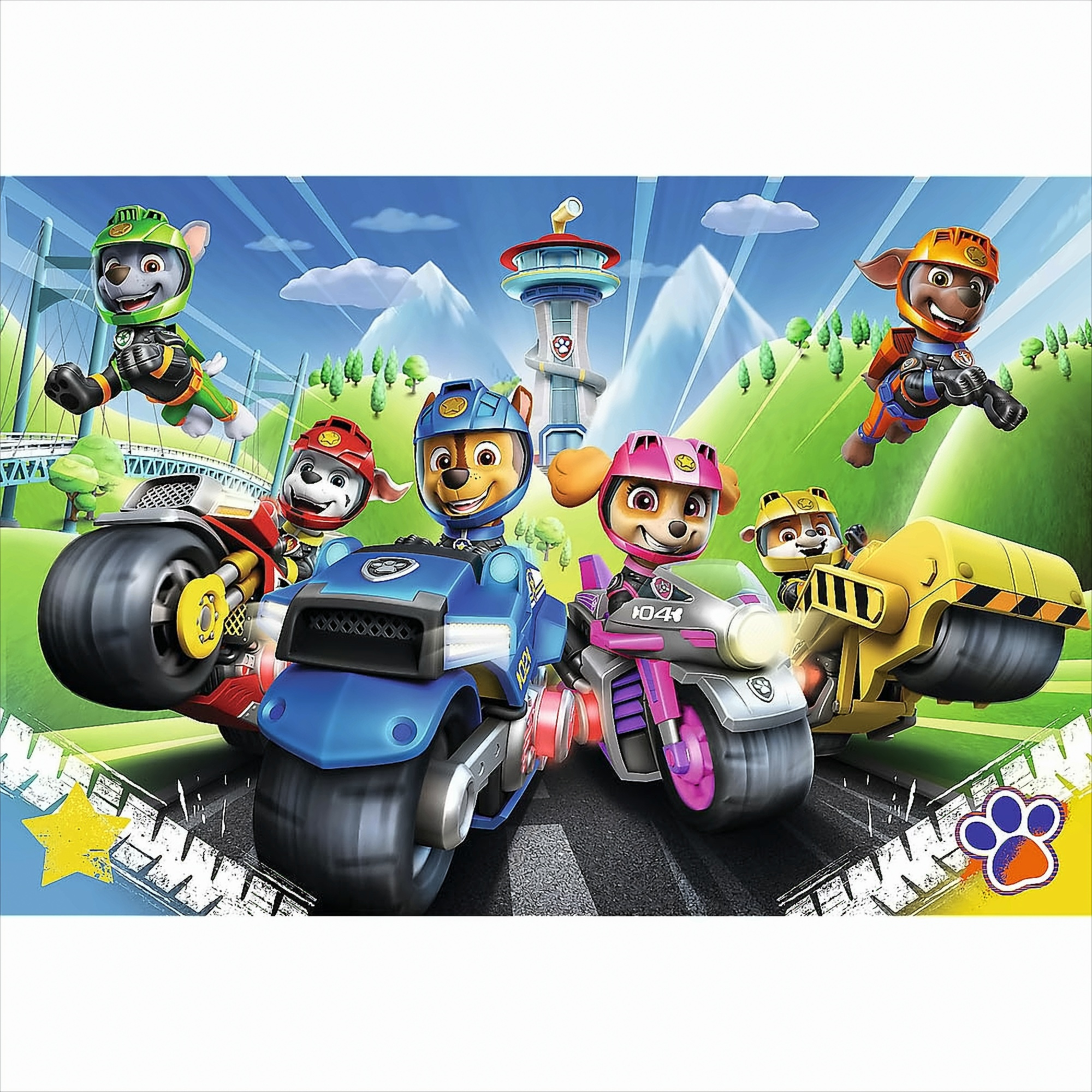 Puzzle Pat'Patrouille avec des personnages. Montre les chiots et leurs véhicules sur un circuit de course.