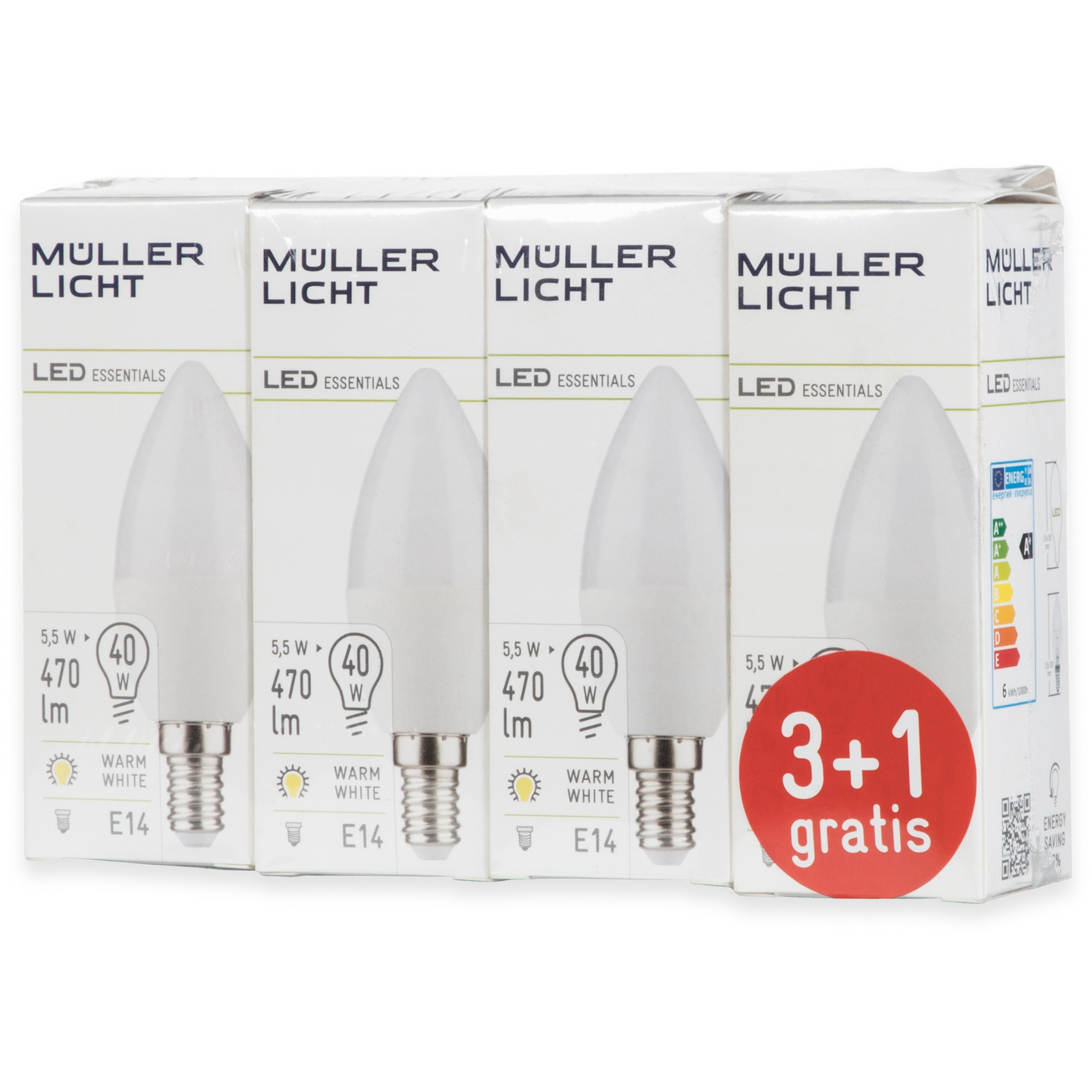 Opakowanie czterech żarówek LED z napisem "3+1 gratis". Są białe i mają trzonki E14.