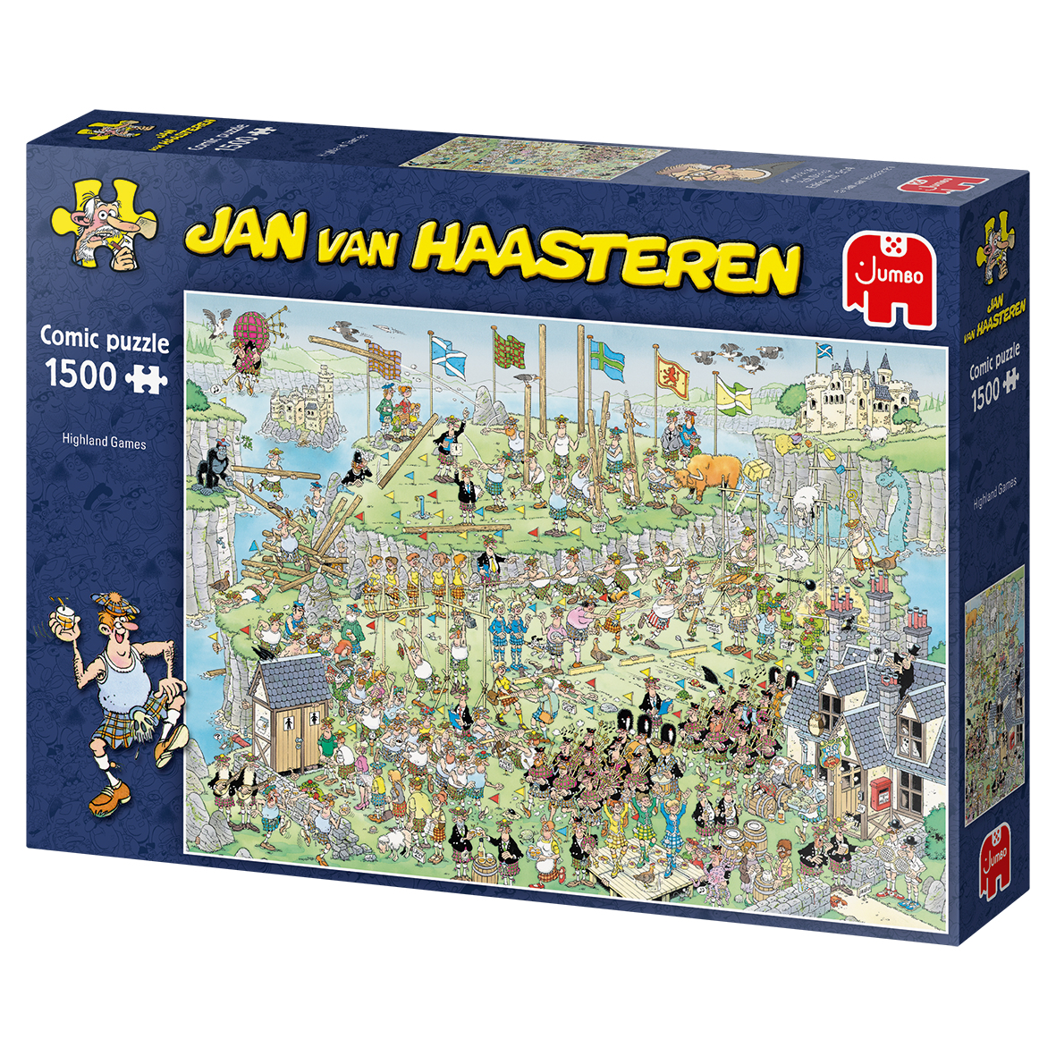 Eine Puzzleschachtel mit einer Cartoon-Szene eines Dorfes mit vielen Figuren.