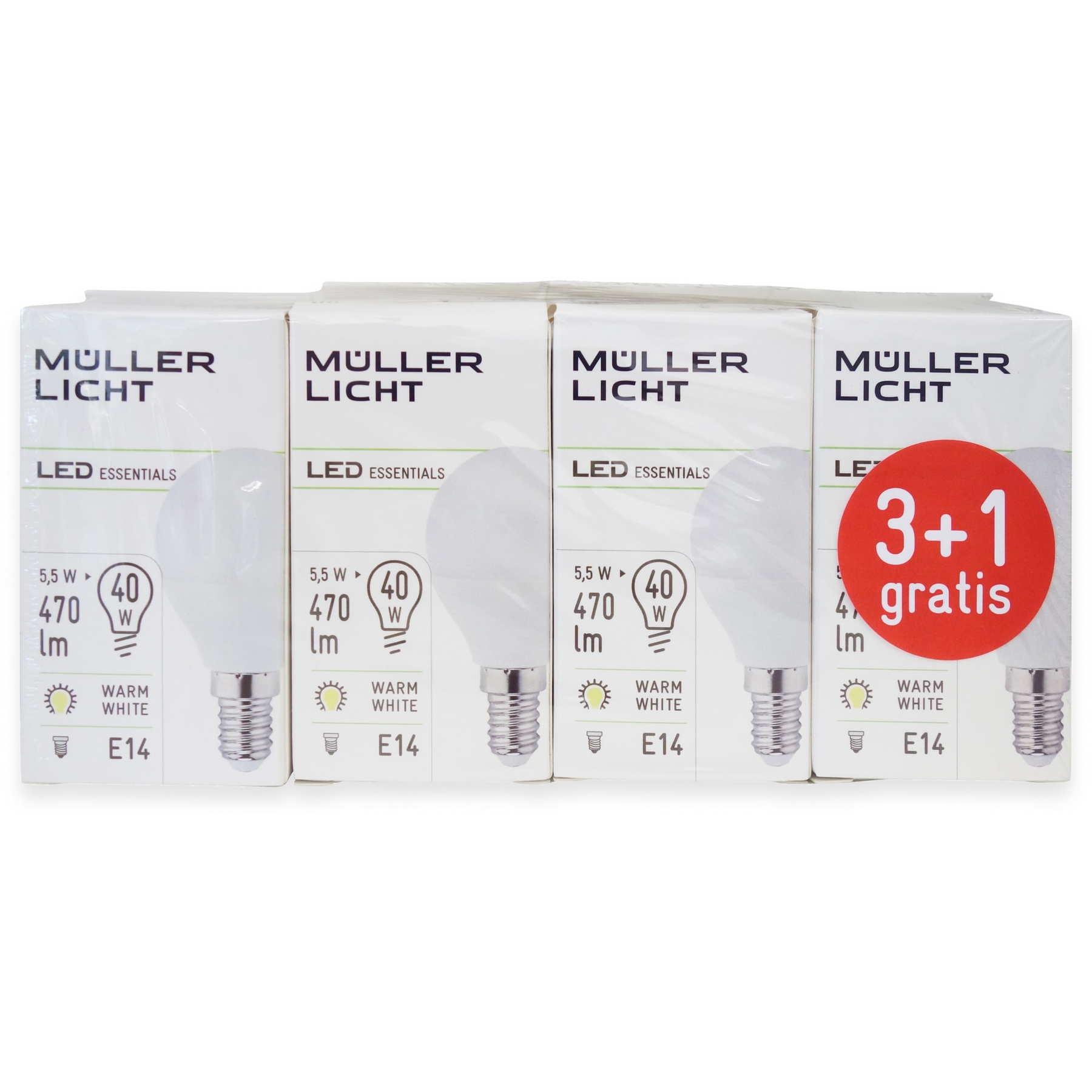 Cztery pudełka żarówek LED Müller Licht z napisem '3+1 gratis' z przodu.