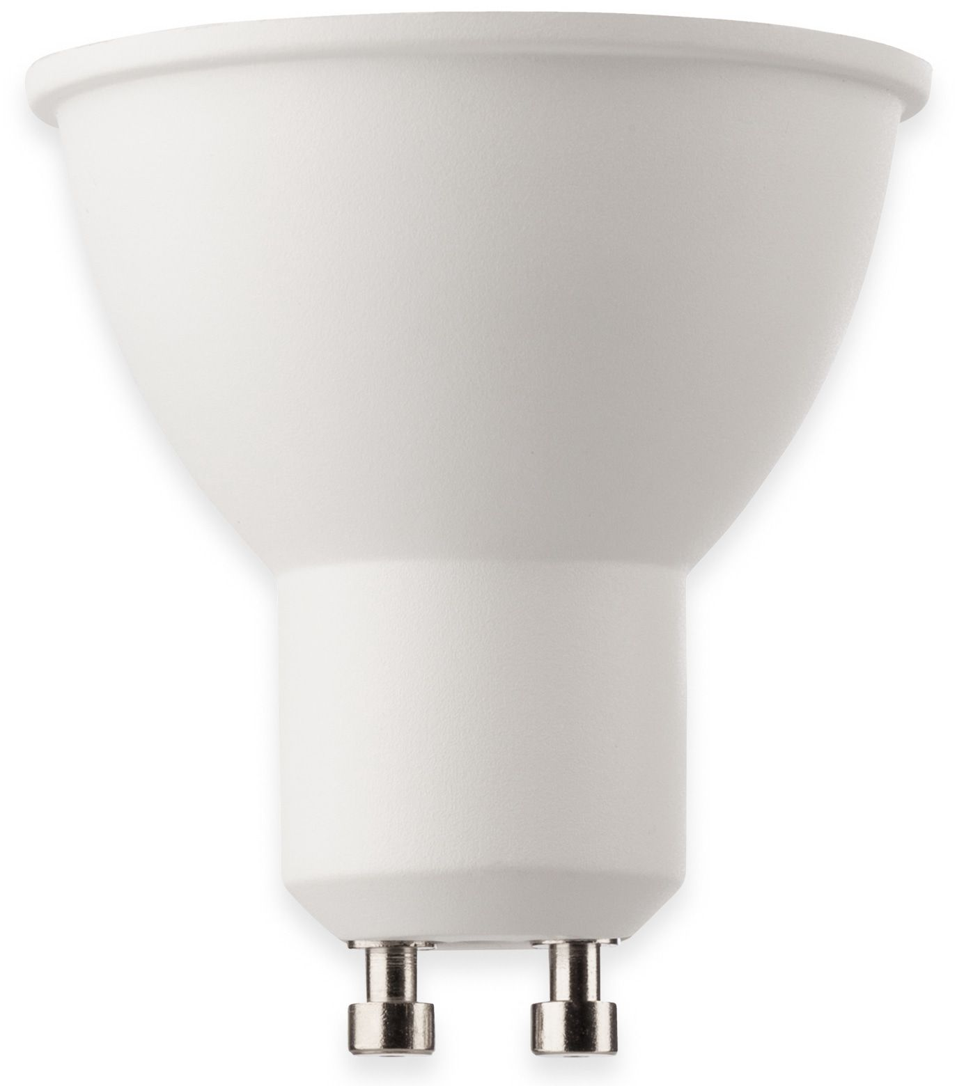 Lampadina spot LED GU10 bianca, la lampadina ha una forma conica.