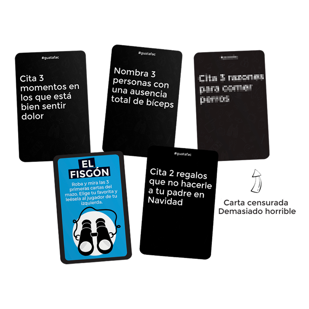 Varias cartas negras de un juego de cartas sobre una superficie blanca. Cada carta tiene texto, con fondo blanco.