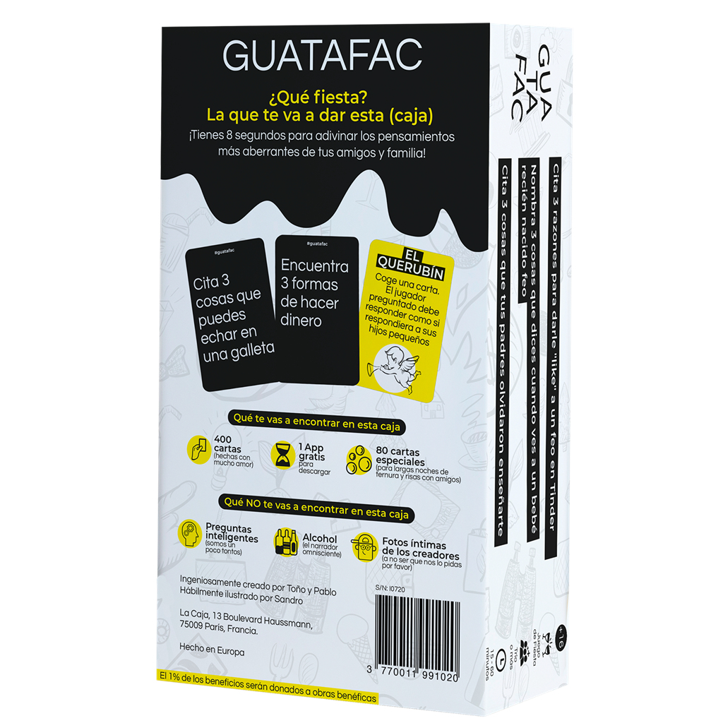 Caja del juego GUATA FAC con texto e ilustraciones. Incluye ejemplos de cartas, con detalles del juego.