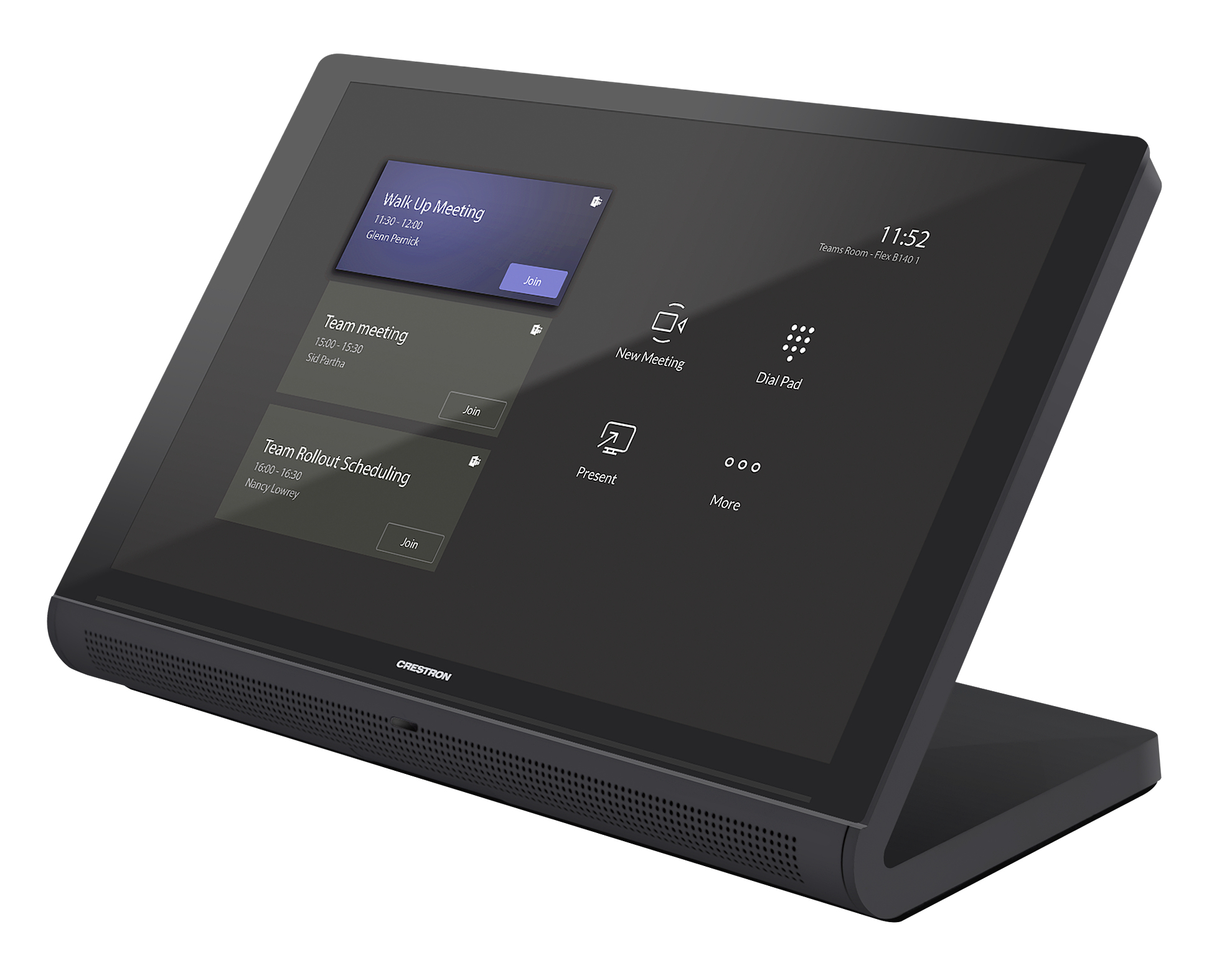 Un pannello touchscreen nero visualizza un programma di riunioni e opzioni.