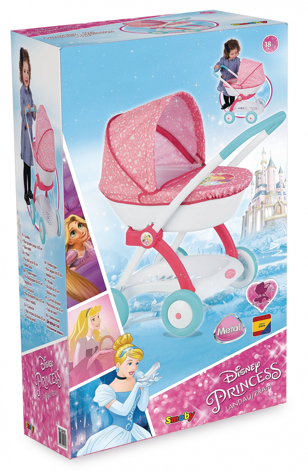 Pudełko z wózkiem dla lalek na nim. Pudełko jest pokryte obrazami księżniczek Disneya.