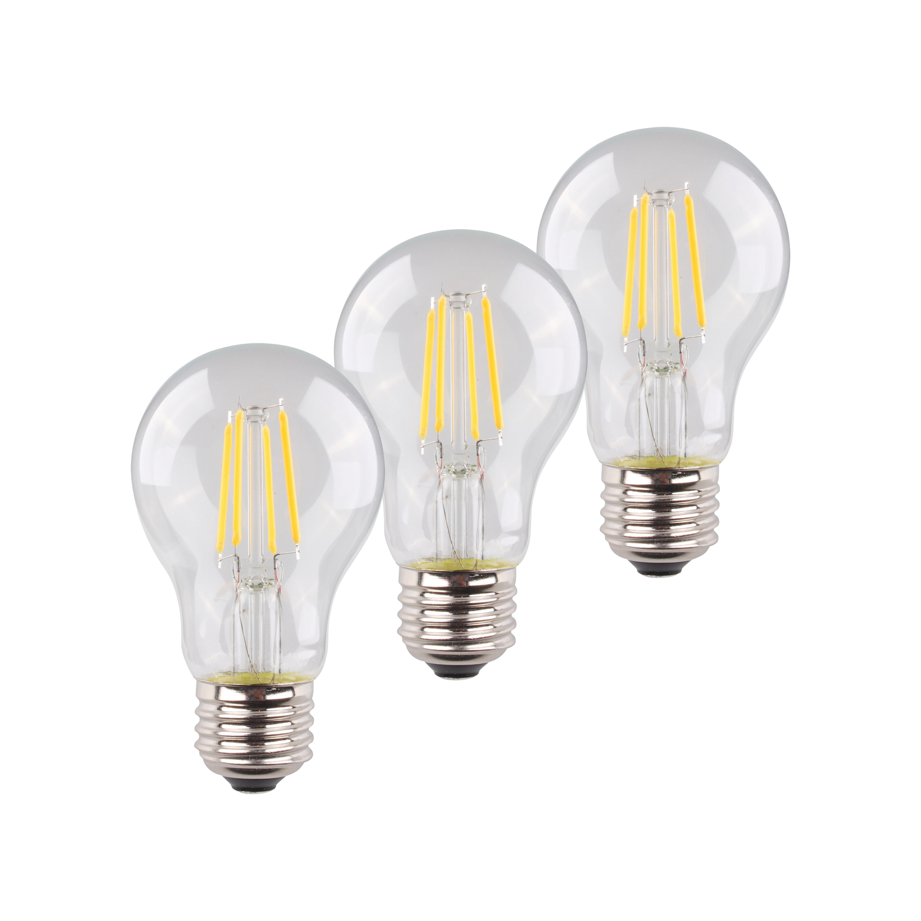 Tre lampadine trasparenti. Ciascuna con filamenti gialli visibili.
