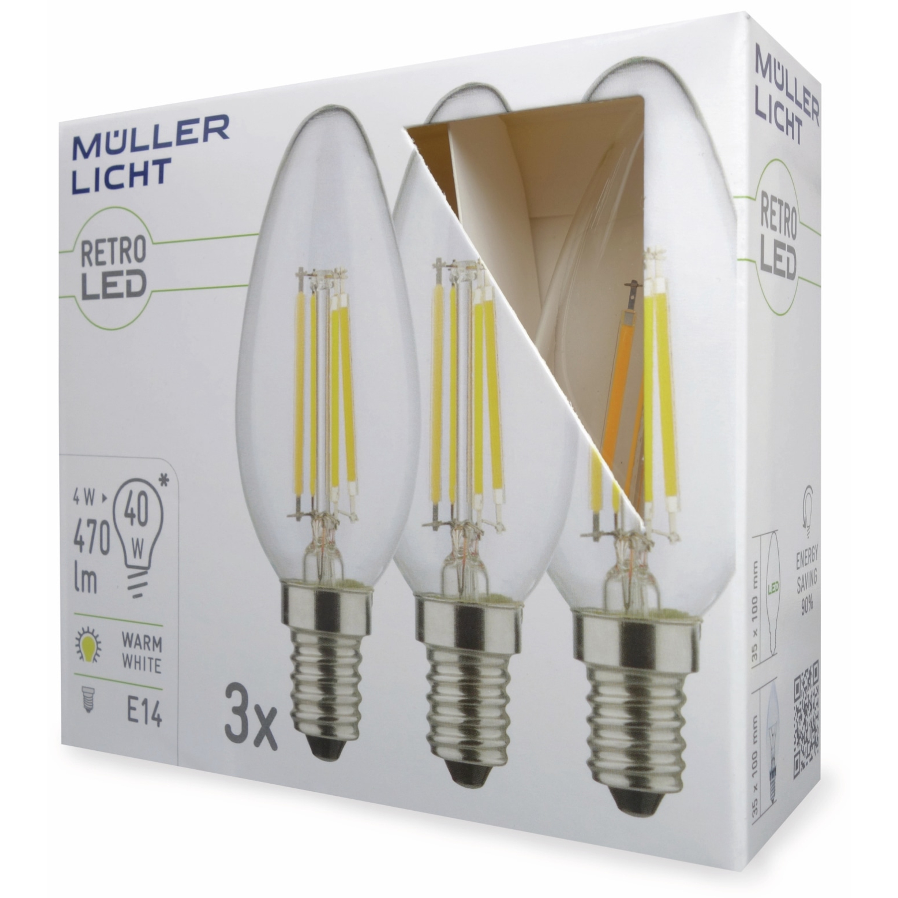 Pudełko z trzema żarówkami LED w stylu retro. Białe tło.