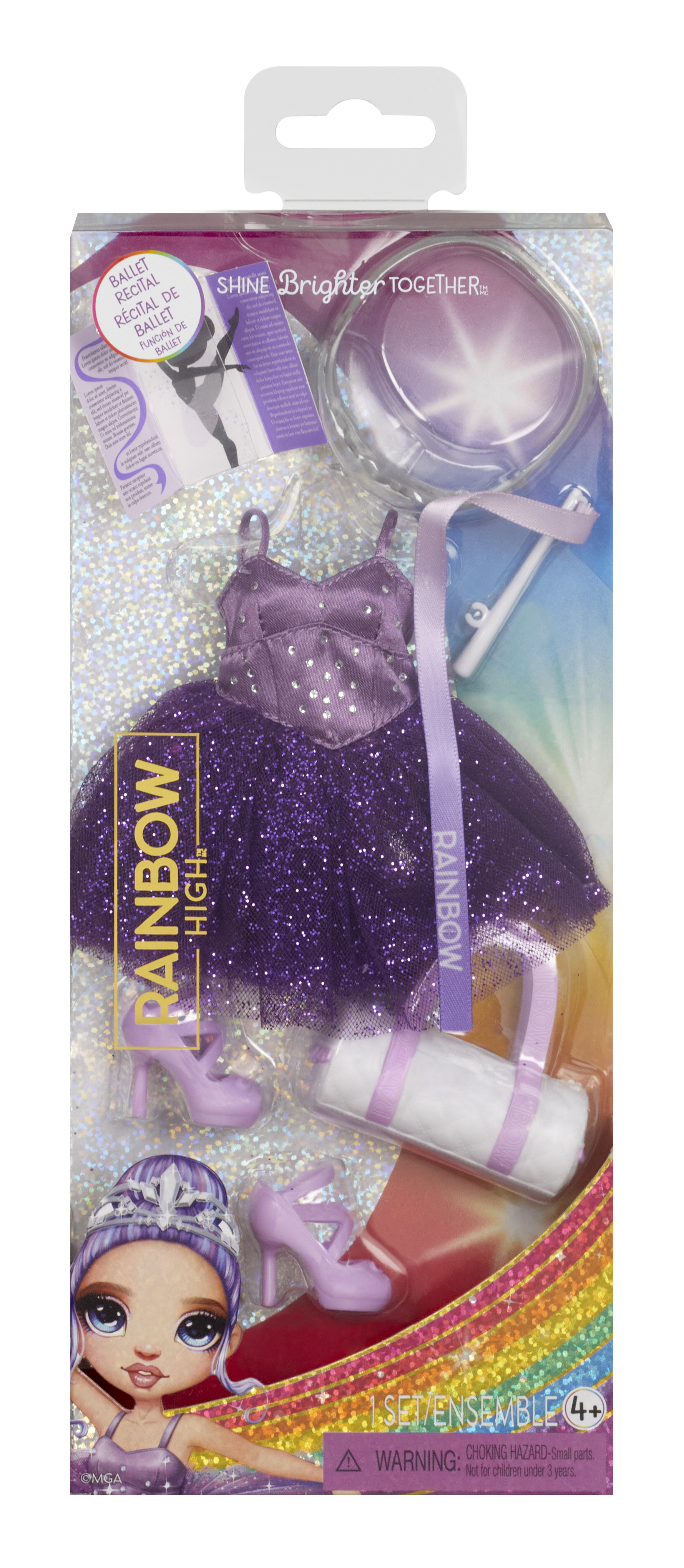 Fioletowy zestaw baletnicy z butami, torbą i głową lalki.