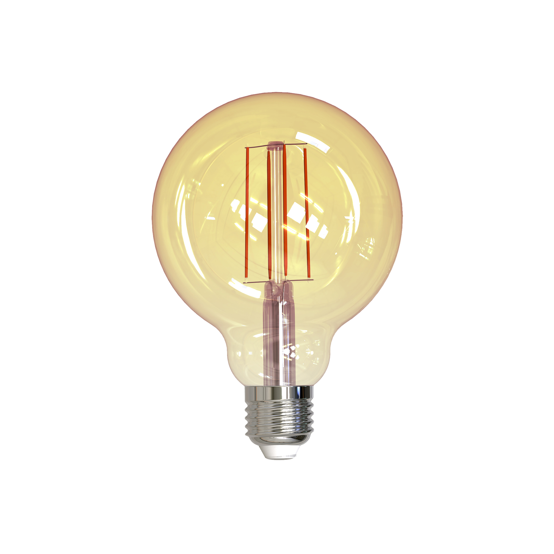 Przezroczysta, okrągła żarówka z bursztynową poświatą, pionowymi włóknami i metalową podstawą.
