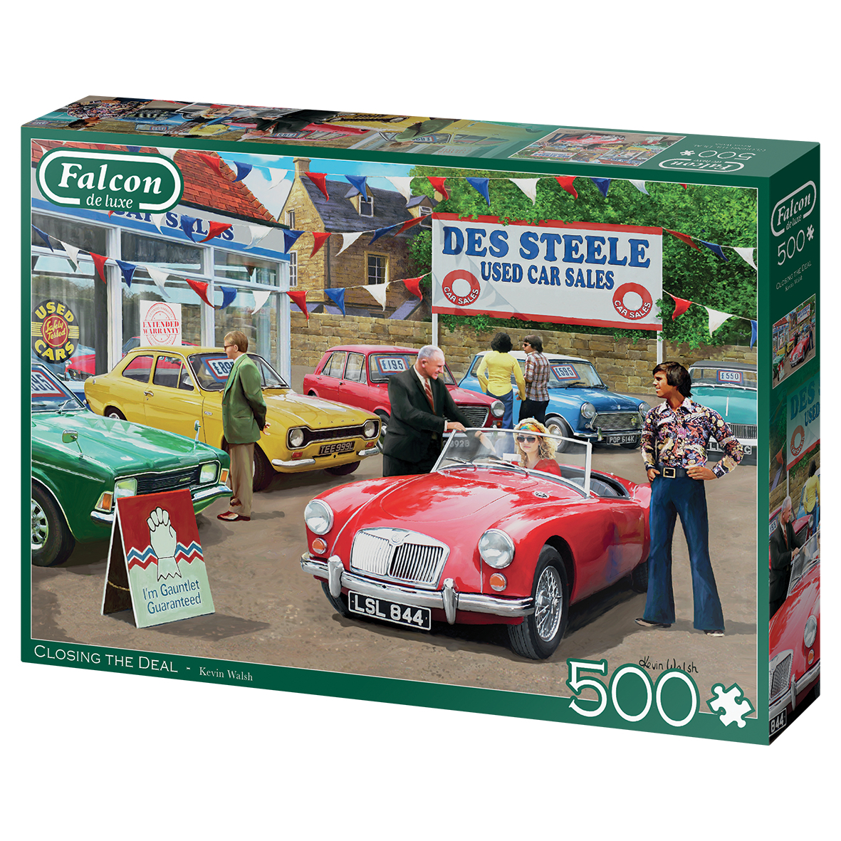 Pudełko z puzzlami przedstawiające scenę salonu samochodowego z klasycznymi samochodami i ludźmi.