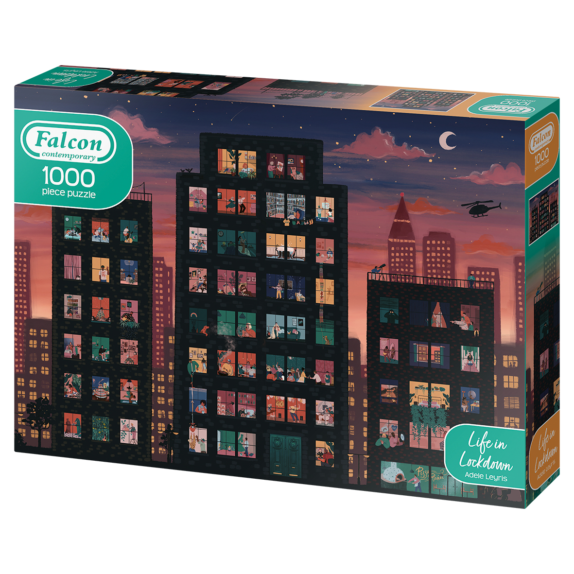 Eine Puzzledose mit einer Stadt bei Nacht mit Menschen in Fenstern, einem Flugzeug und einem Halbmond.