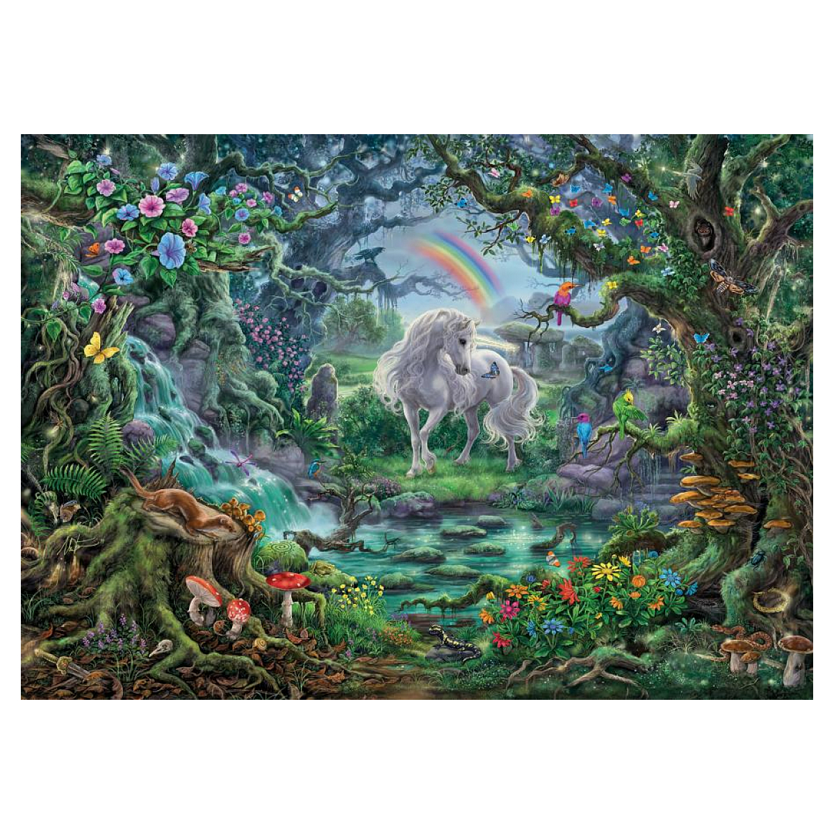 Jednorożec stoi w lesie nad małym strumieniem i tęczą.