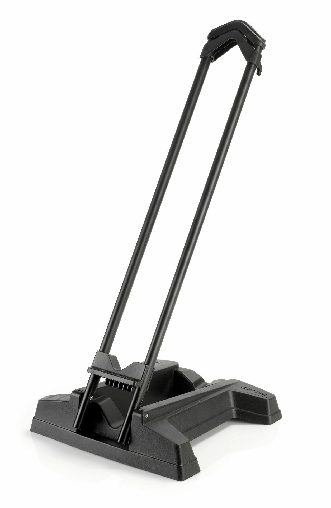 Czarny stojak z uchwytem i podstawą, prawdopodobnie do torby lub ekspozycji. Tło jest białe.