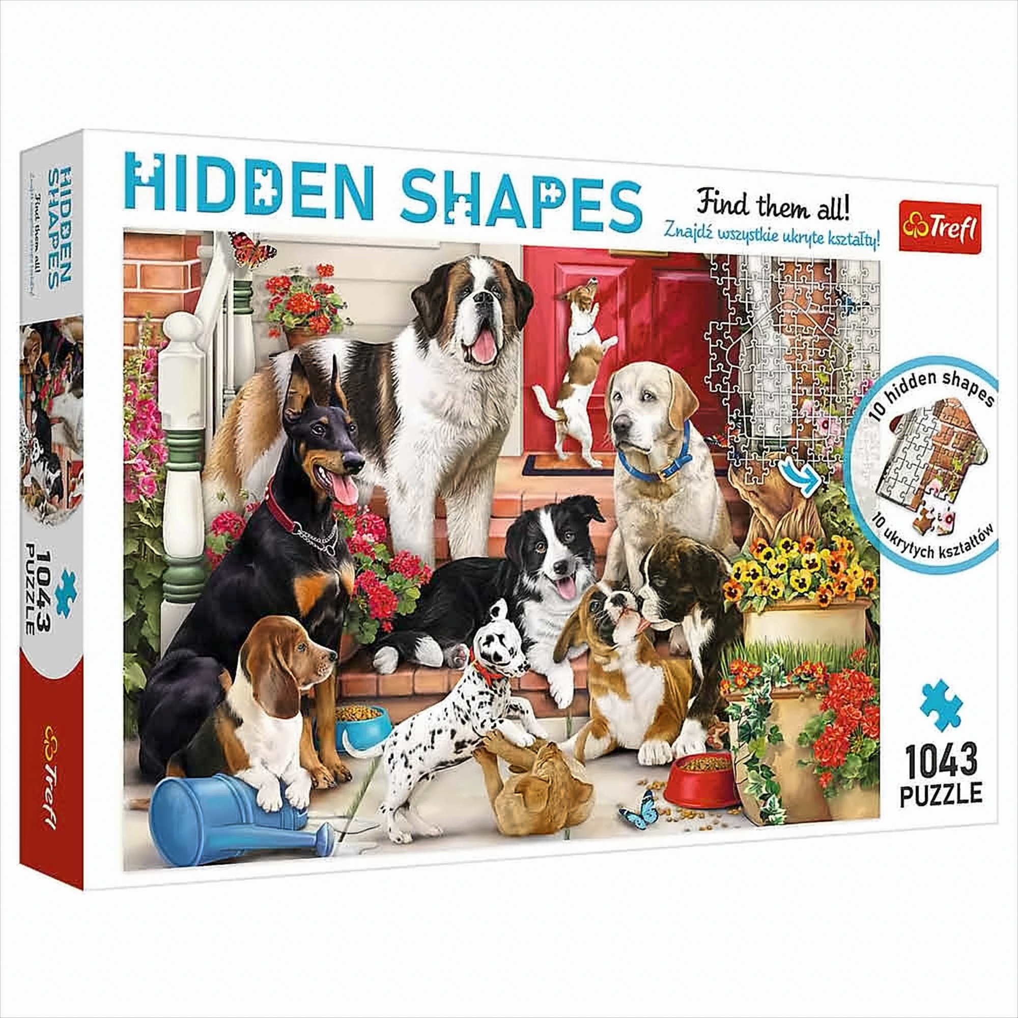 Boîte de puzzle Hidden Shapes, chiens sur un porche, pièces de puzzle et boîte.