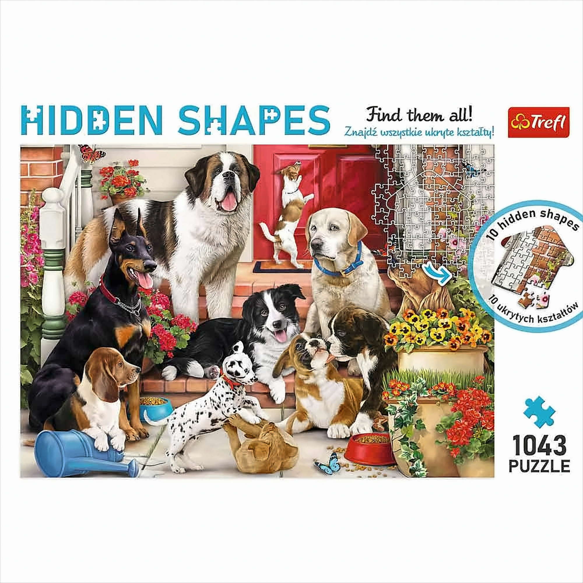 Boîte de puzzle Hidden Shapes, chiens sur un porche, pièces de puzzle et boîte.