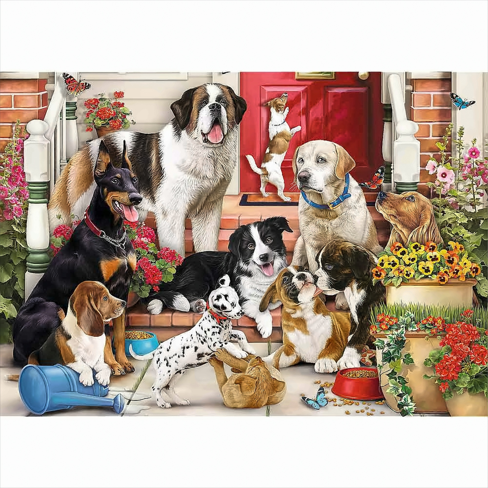 Un puzzle de chiens sur un porche. Diverses races sont présentes. Fleurs et papillons dans la scène.