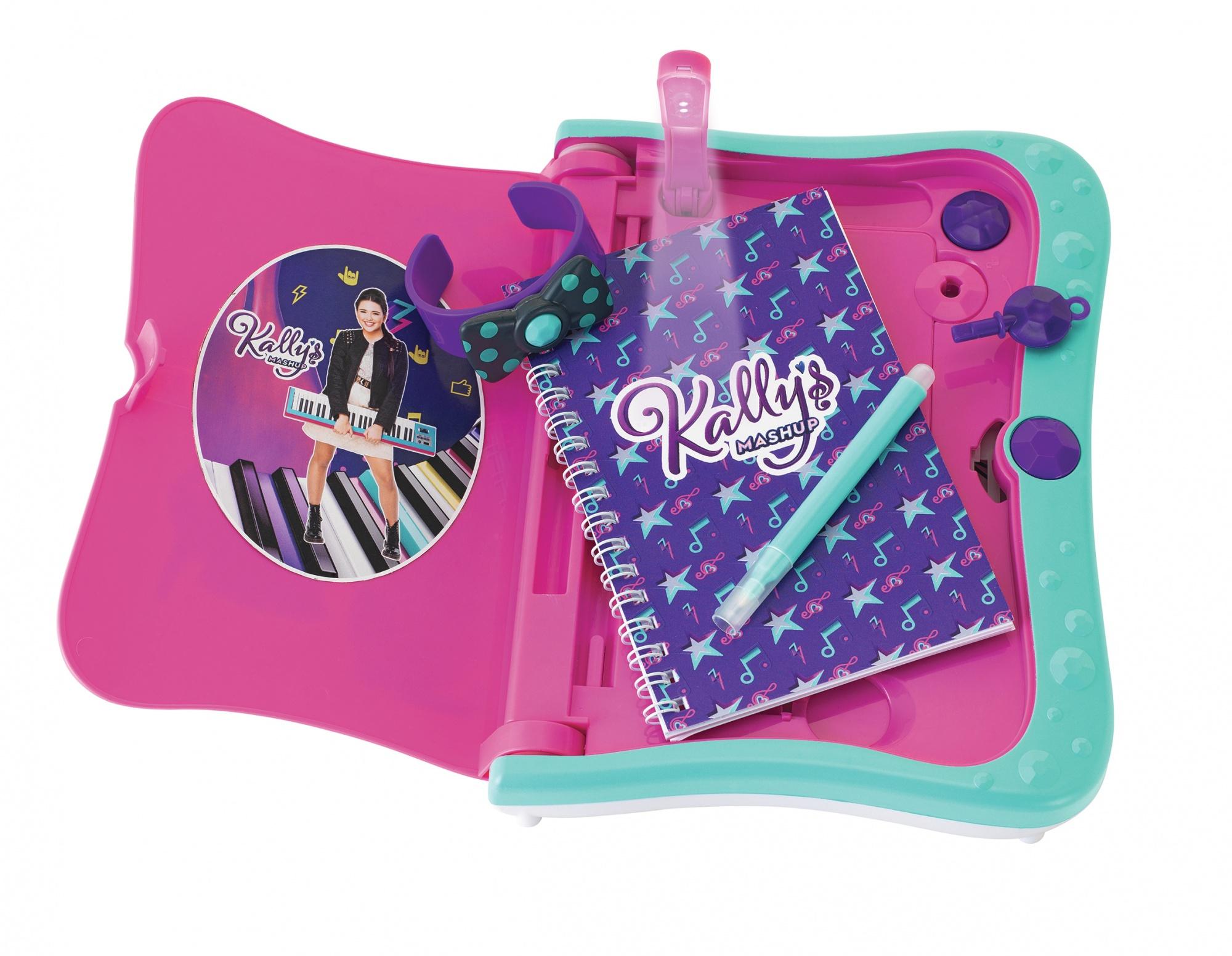 Różowy pamiętnik z notatnikiem, długopisem i akcesoriami.