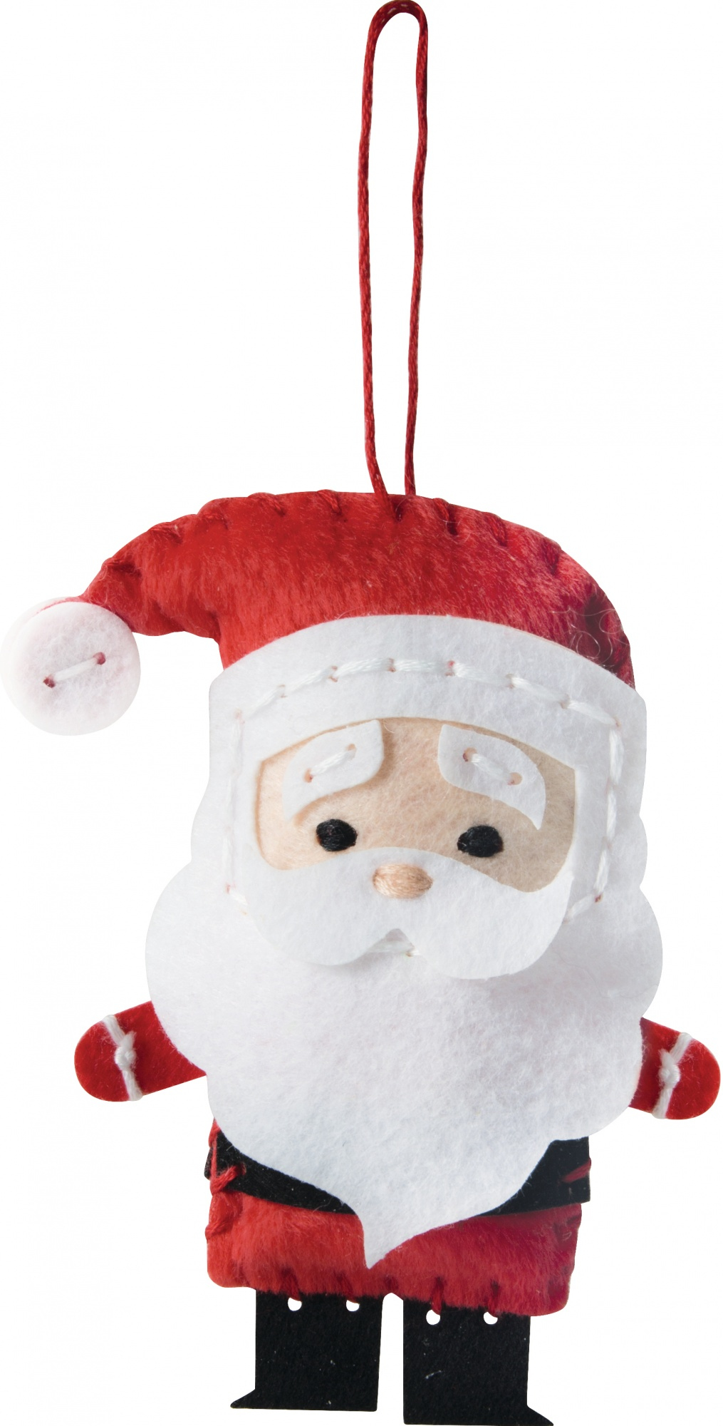 Filcowa ozdoba świąteczna Świętego Mikołaja. Kolory czerwony i biały. Czarne buty i biała broda.