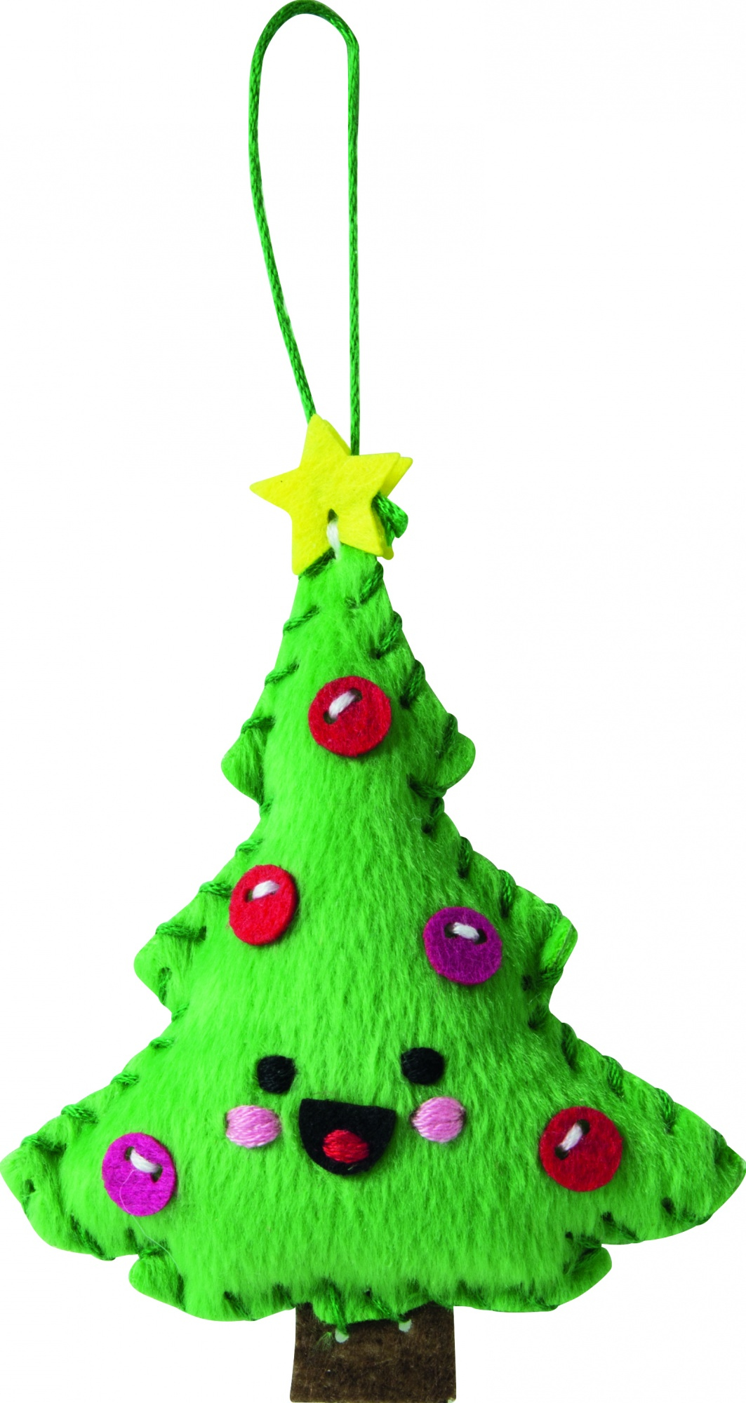 Zielona ozdoba choinkowa z uśmiechniętą buzią, żółtą gwiazdą i czerwonymi i fioletowymi kulkami.